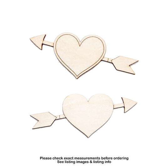 Heart With Arrow Pierced Wood Cutout - Laser Cut Unfinished Craft Shape - Multiple Sizes