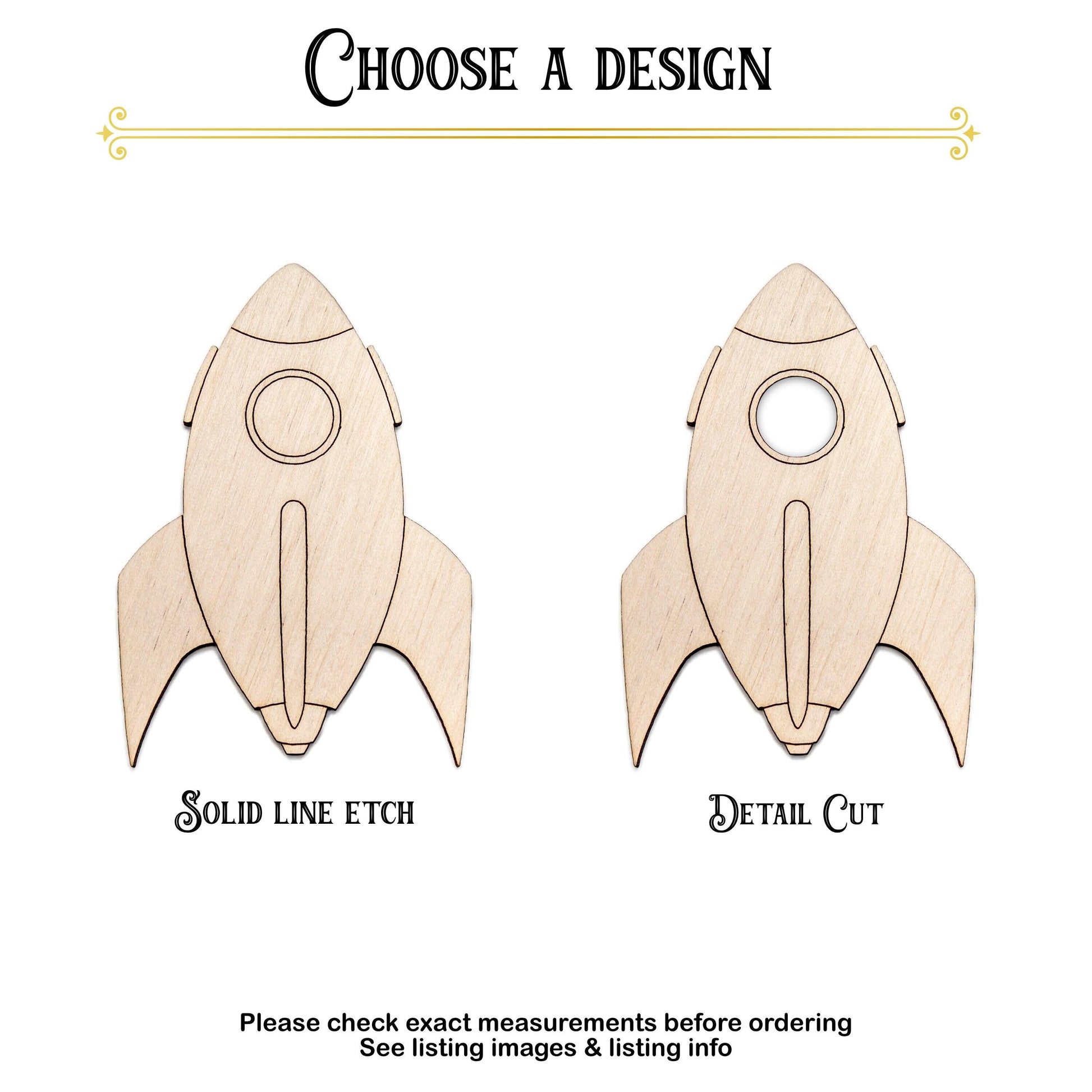 Rocket Ship Detailed Wood Cutout - Laser Cut Unfinished Craft Shape - Multiple Sizes