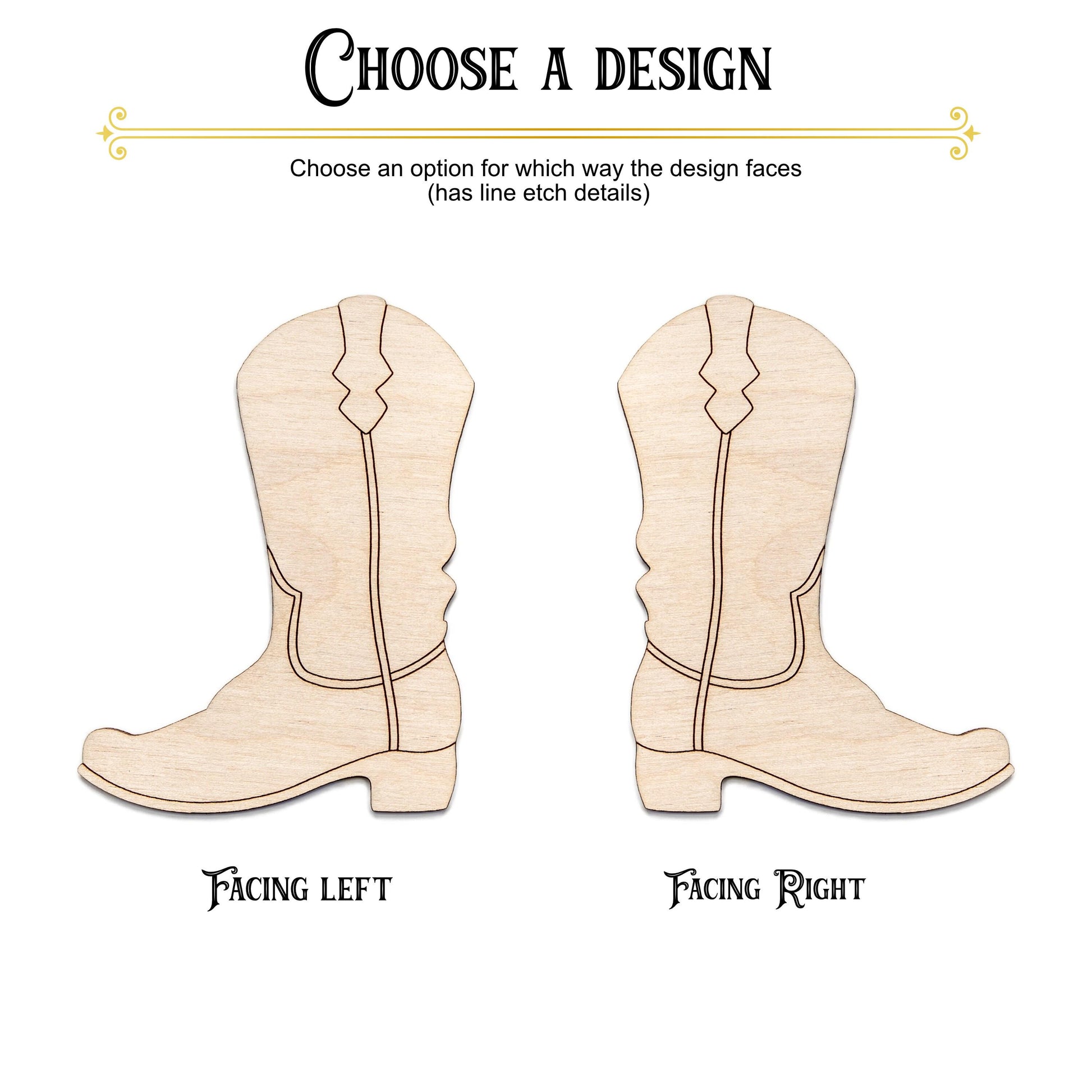 Cowboy Boot Detailed Wood Cutout - Laser Cut Unfinished Craft Shape - Multiple Sizes