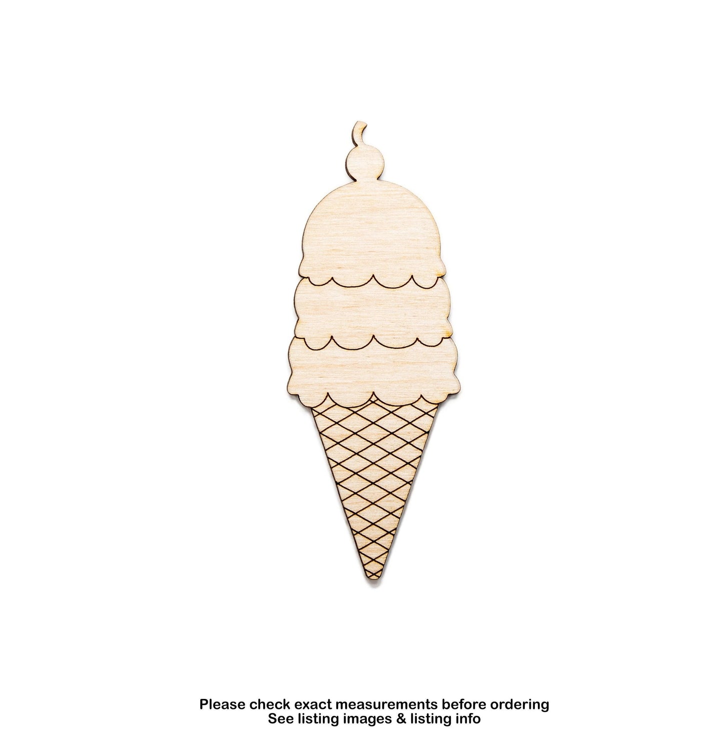 Three Scoop Ice Cream Cone With Cherry Detailed Wood Cutout - Laser Cut Unfinished Craft Shape - Multiple Sizes