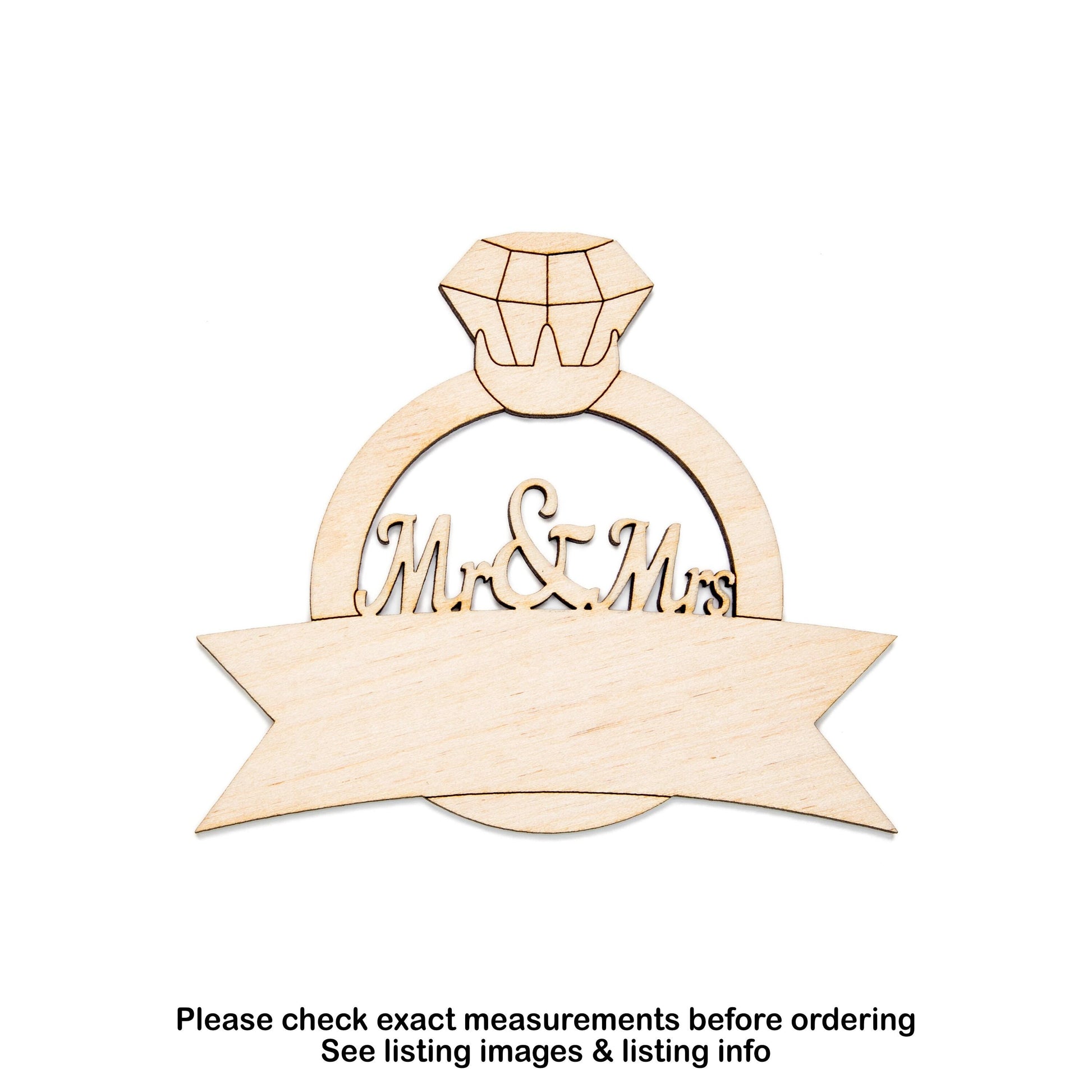 Mr and Mrs Wedding Ring With Banner Wood Cutout - Laser Cut Unfinished Craft Shape - Multiple Sizes