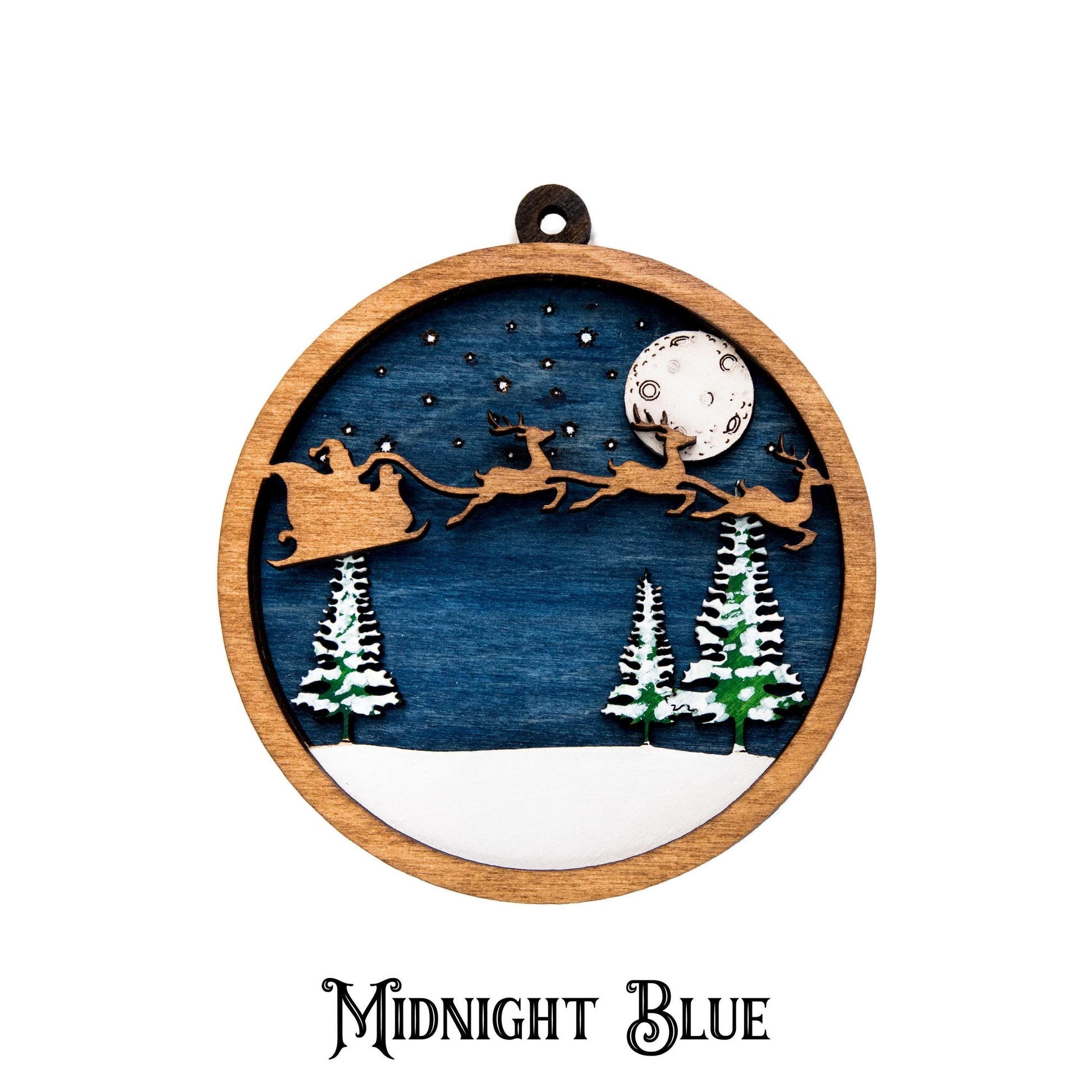 Santa And His Reindeer Flying Painted Wood Ornament - Laser Cut Christmas Ornament - Multiple Sizes