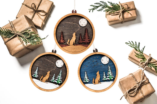 Howling Wolf Hand Wood Painted Wood Ornament - Laser Cut Christmas Ornament - Multiple Sizes