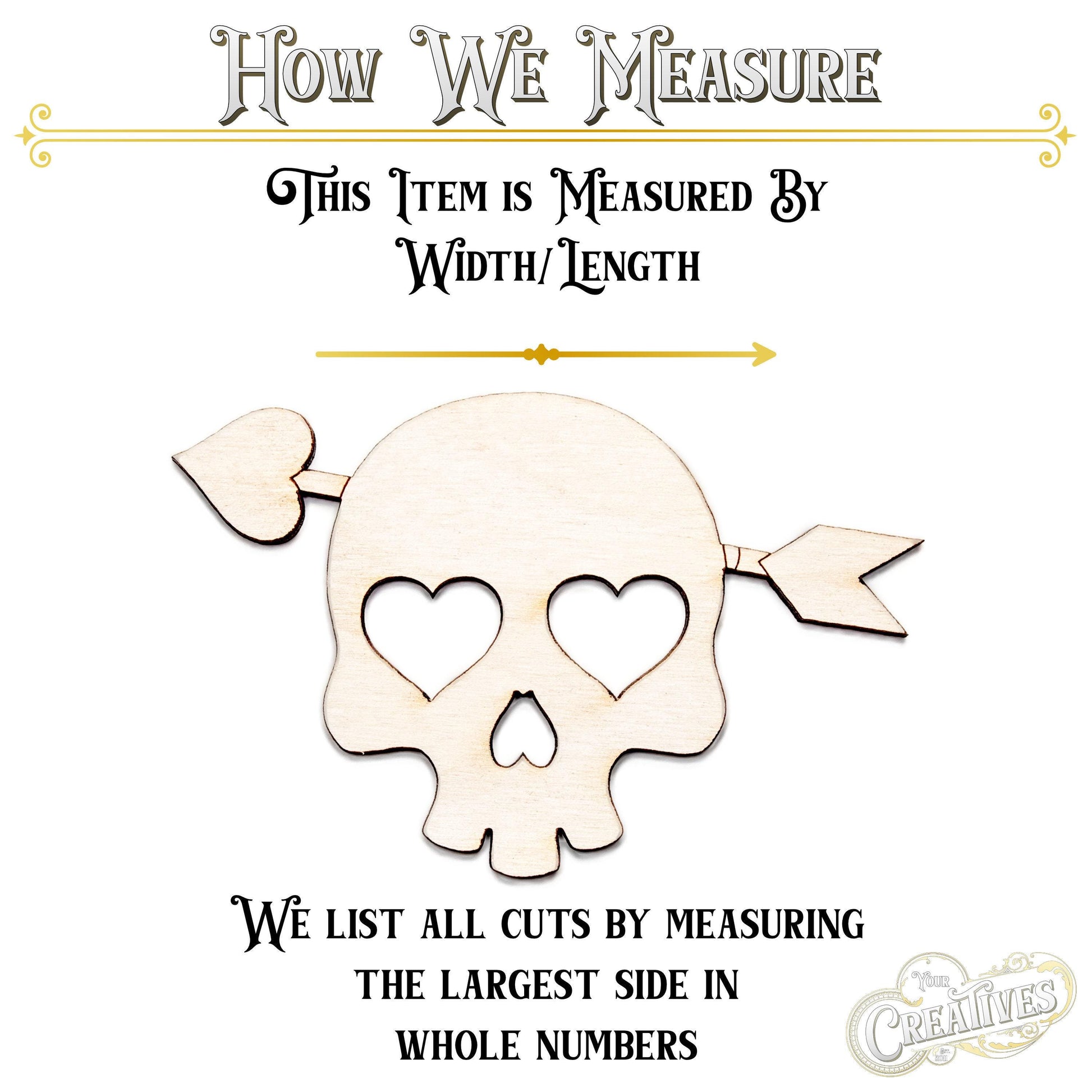 Cute Skull Heart Eyes With Arrow Wood Cutout - Laser Cut Unfinished Craft Shape - Multiple Sizes