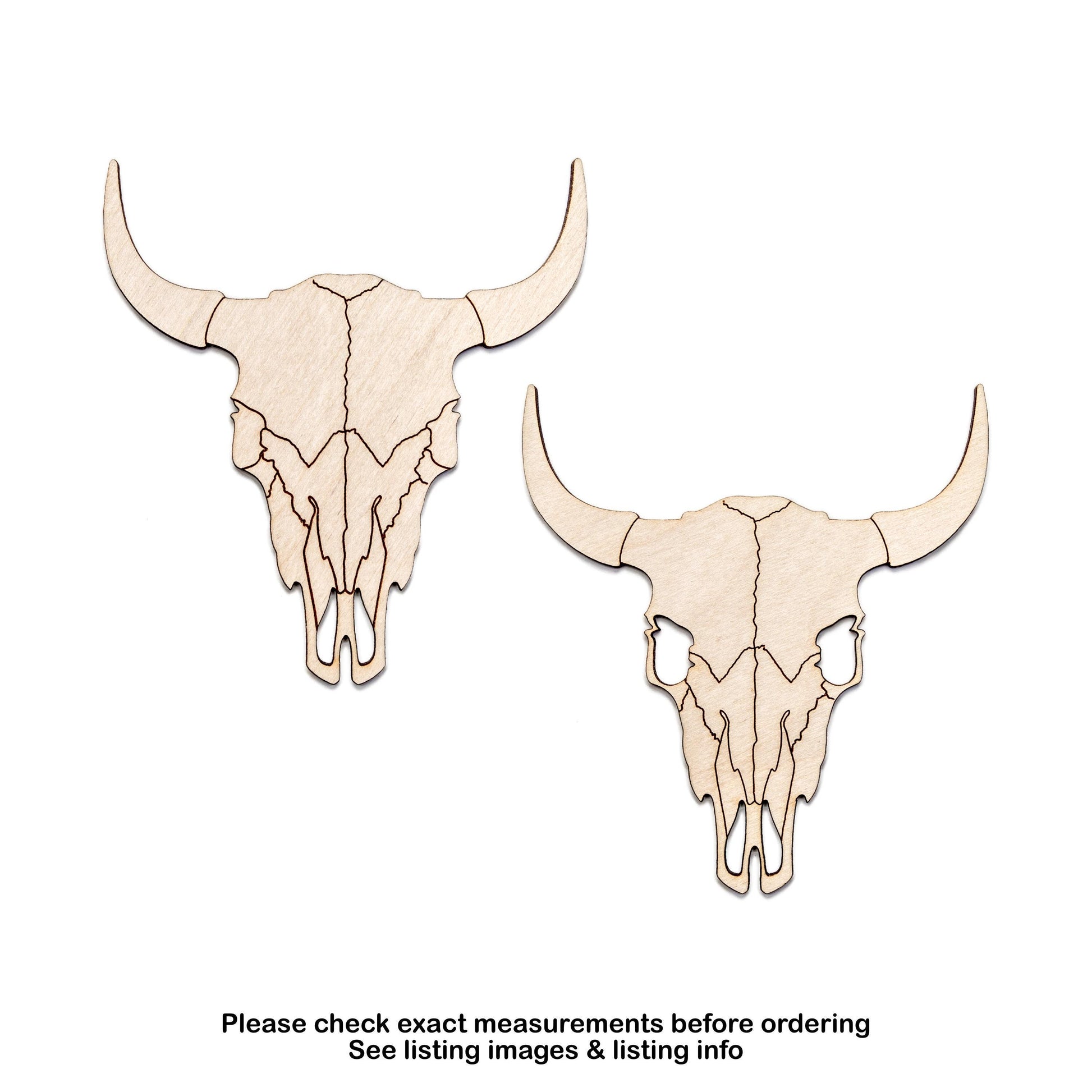 Cow Skull Detailed Wood Cutout - Laser Cut Unfinished Craft Shape - Multiple Sizes