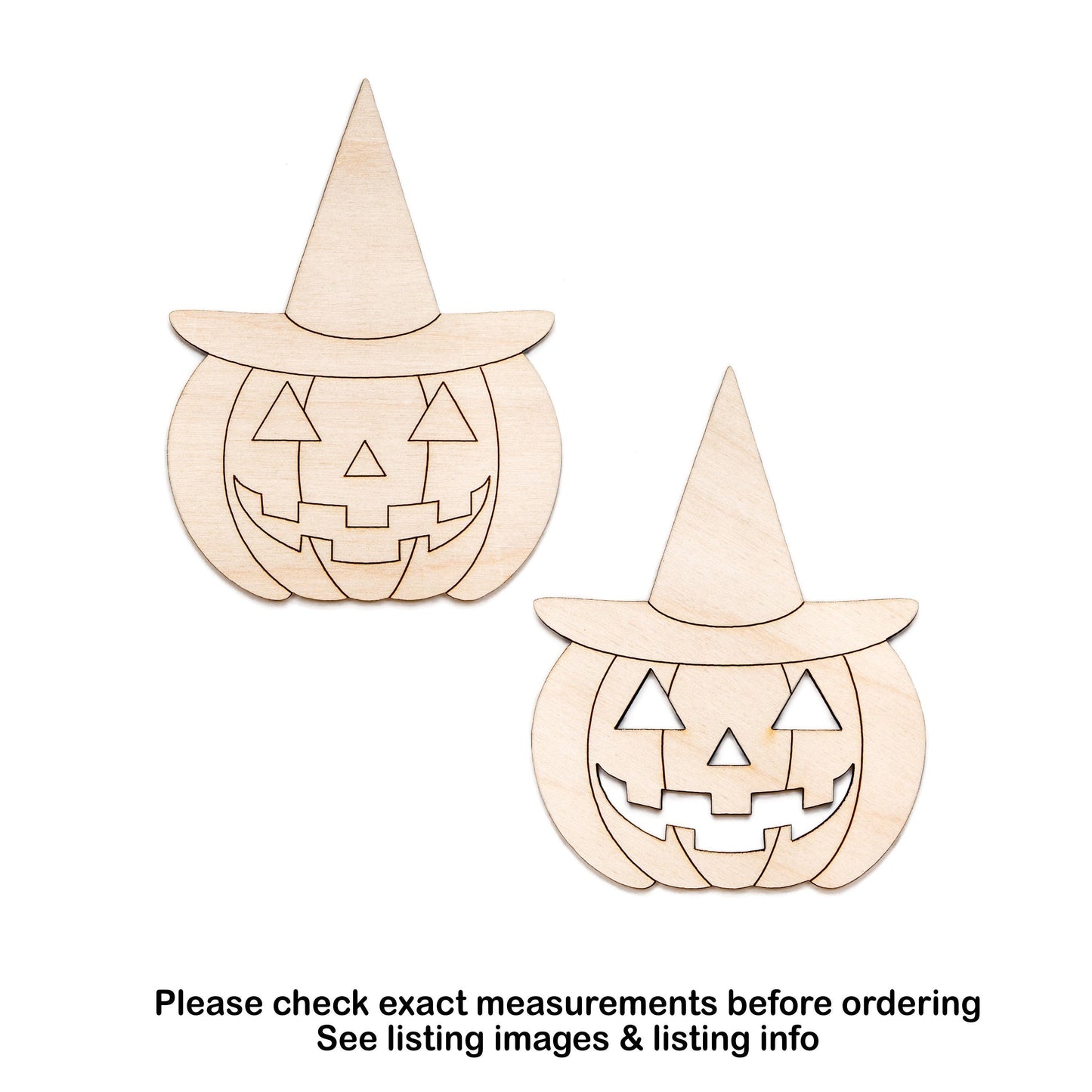 Jack O Lantern With Witch Hat Detailed Wood Cutout - Laser Cut Unfinished Craft Shape - Multiple Sizes