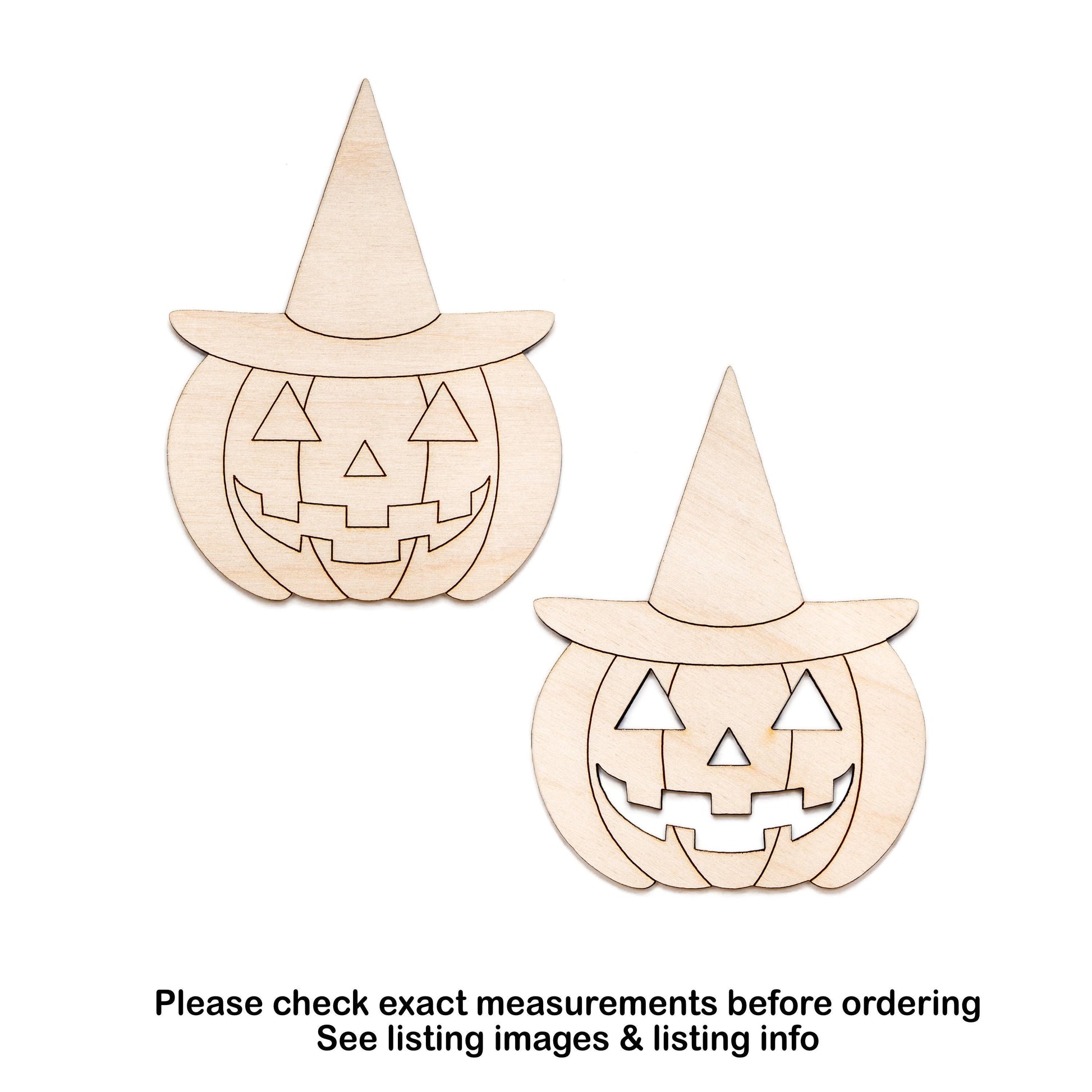 Jack O Lantern With Witch Hat Detailed Wood Cutout - Laser Cut Unfinished Craft Shape - Multiple Sizes