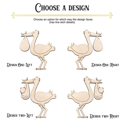 Stork With Baby Wood Cutout - Laser Cut Unfinished Craft Shape - Multiple Sizes