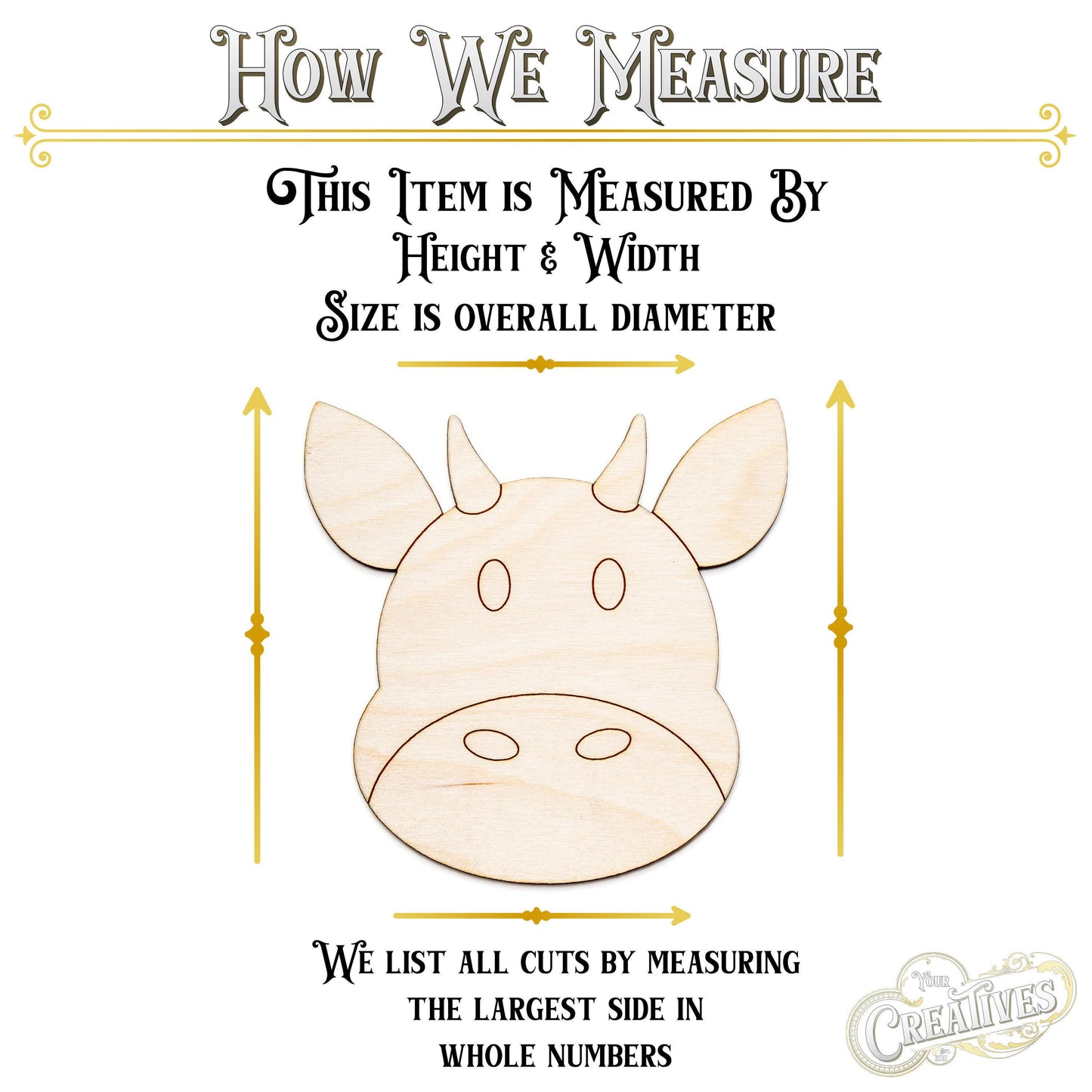 Cute Cow Bull Head Detailed Wood Cutout - Laser Cut Unfinished Craft Shape - Multiple Sizes