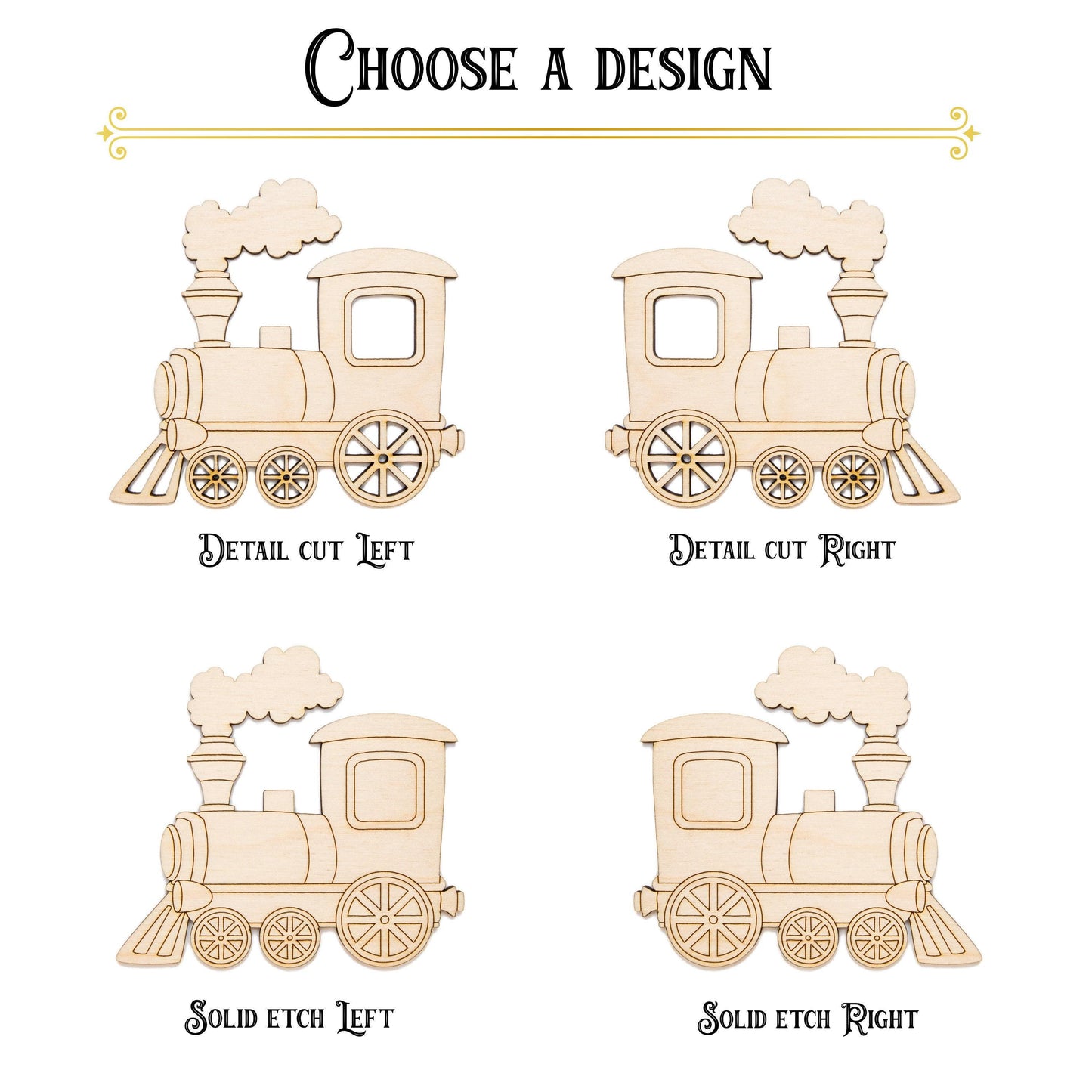 Steam Train Side View Detailed Wood Cutout - Laser Cut Unfinished Craft Shape - Multiple Sizes