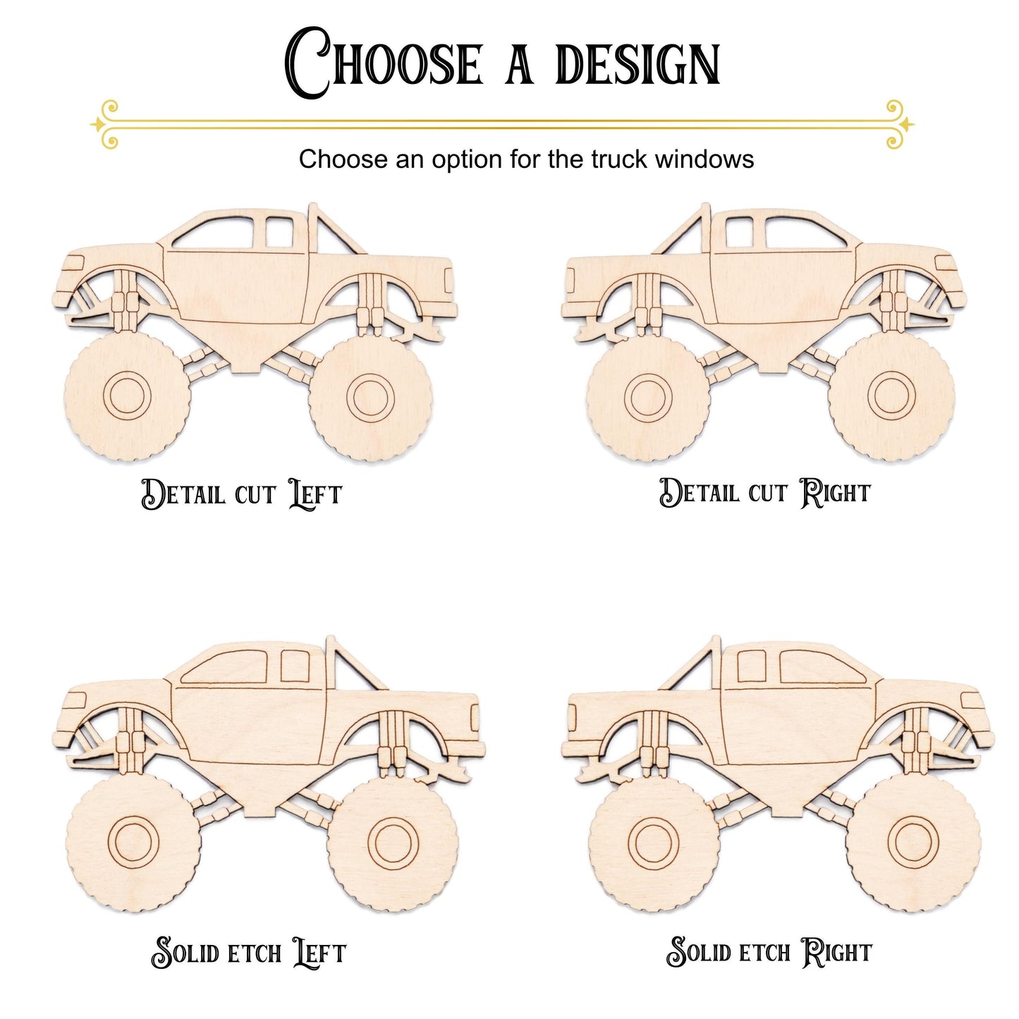 Monster Truck Wood Cutout - Laser Cut Unfinished Craft Shape - Multiple Sizes