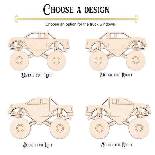 Monster Truck Wood Cutout - Laser Cut Unfinished Craft Shape - Multiple Sizes