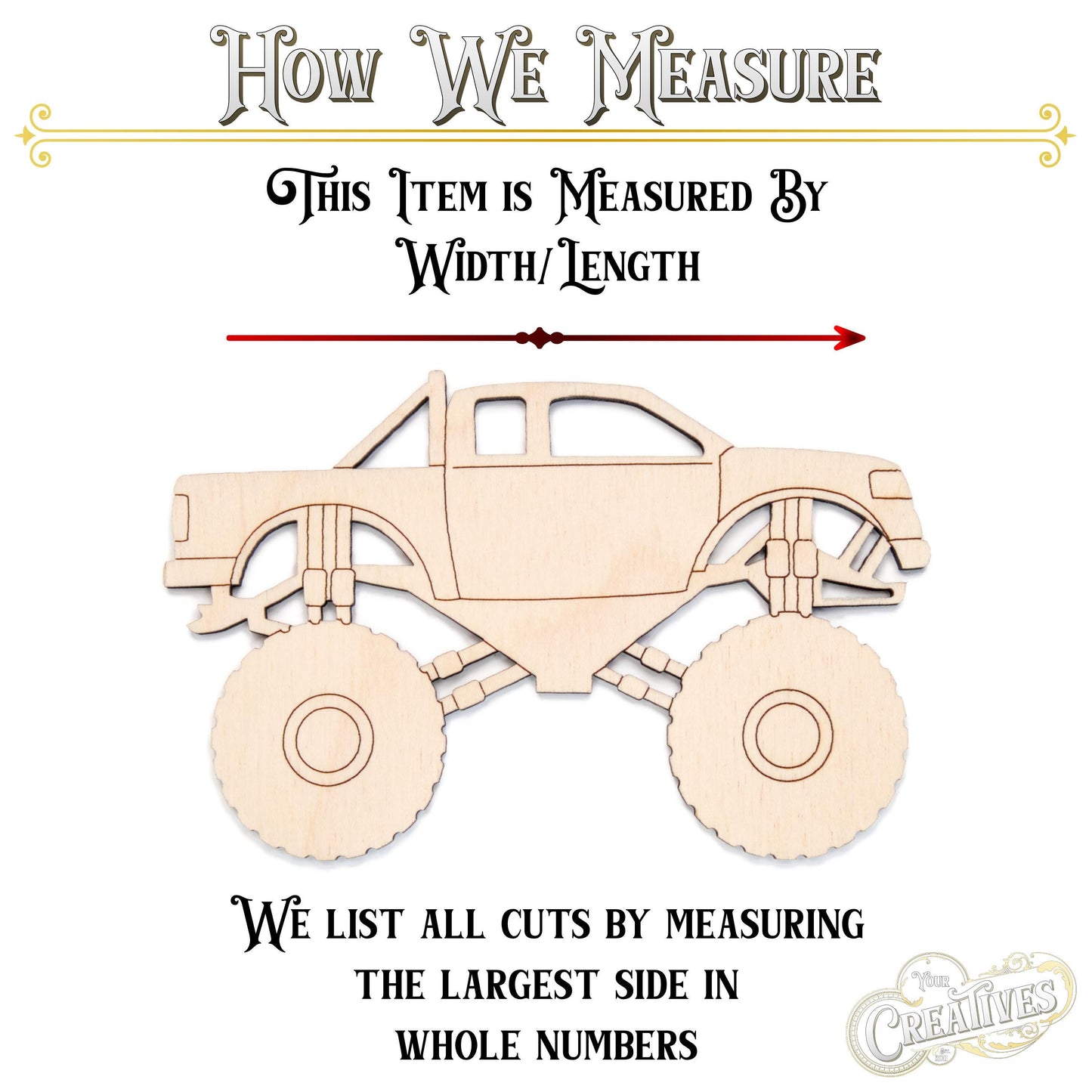 Monster Truck Wood Cutout - Laser Cut Unfinished Craft Shape - Multiple Sizes