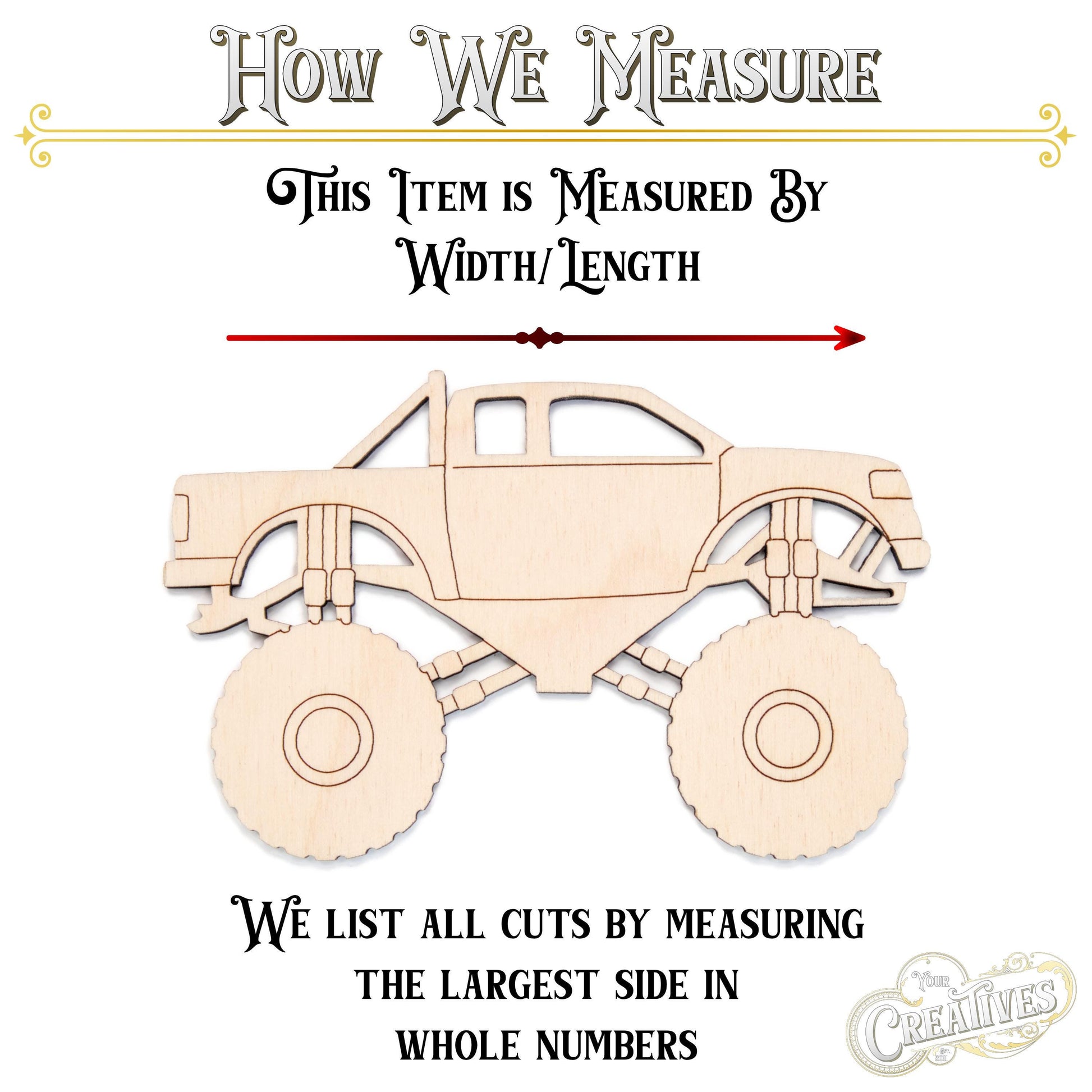 Monster Truck Wood Cutout - Laser Cut Unfinished Craft Shape - Multiple Sizes