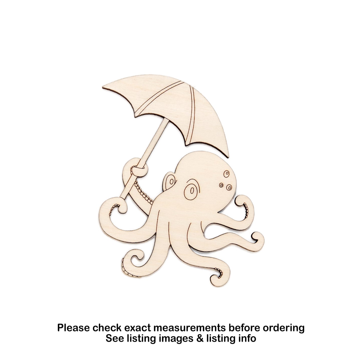 Octopus With Umbrella Detailed Wood Cutout - Laser Cut Unfinished Craft Shape - Multiple Sizes
