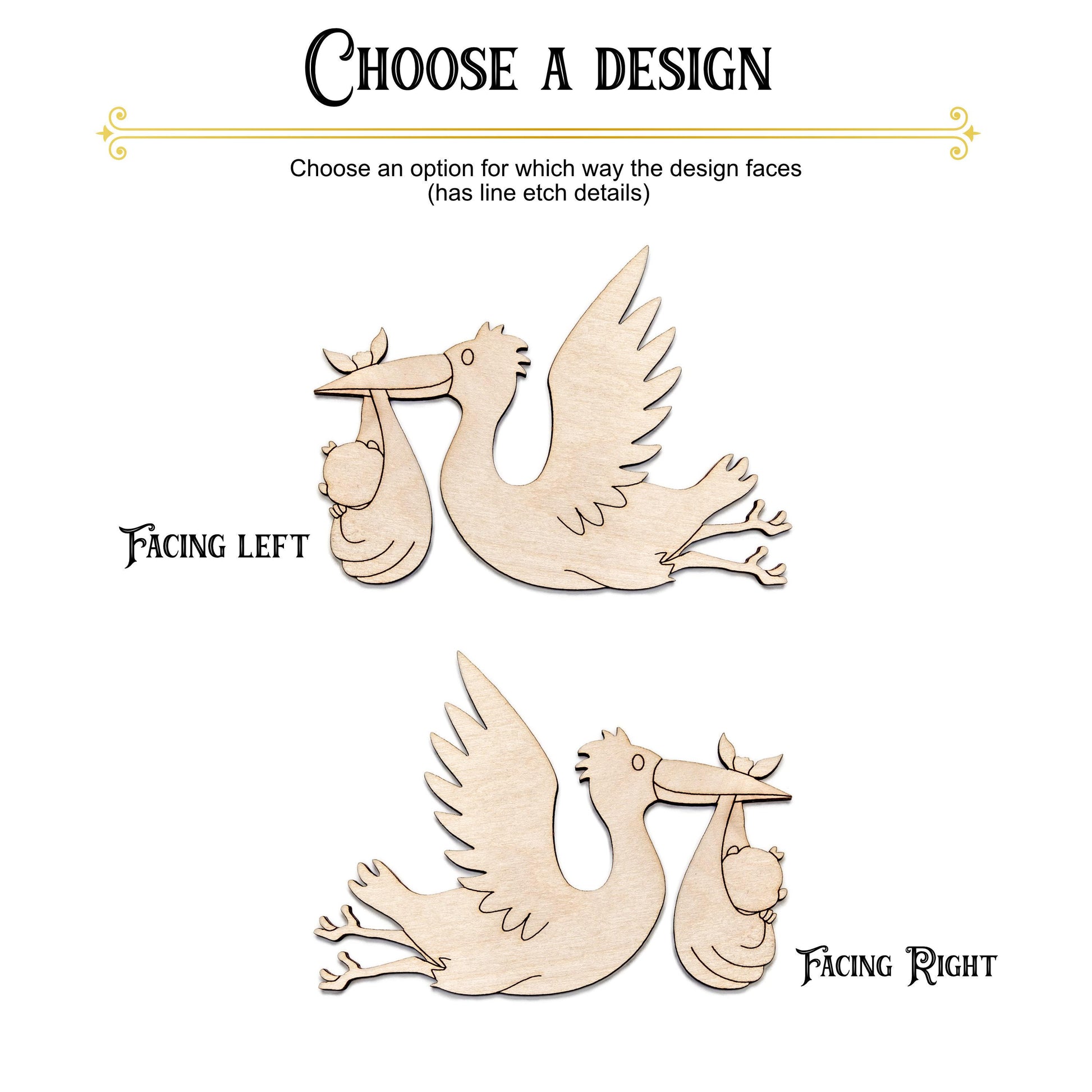 Stork With Baby Flying Wood Cutout - Laser Cut Unfinished Craft Shape - Multiple Sizes