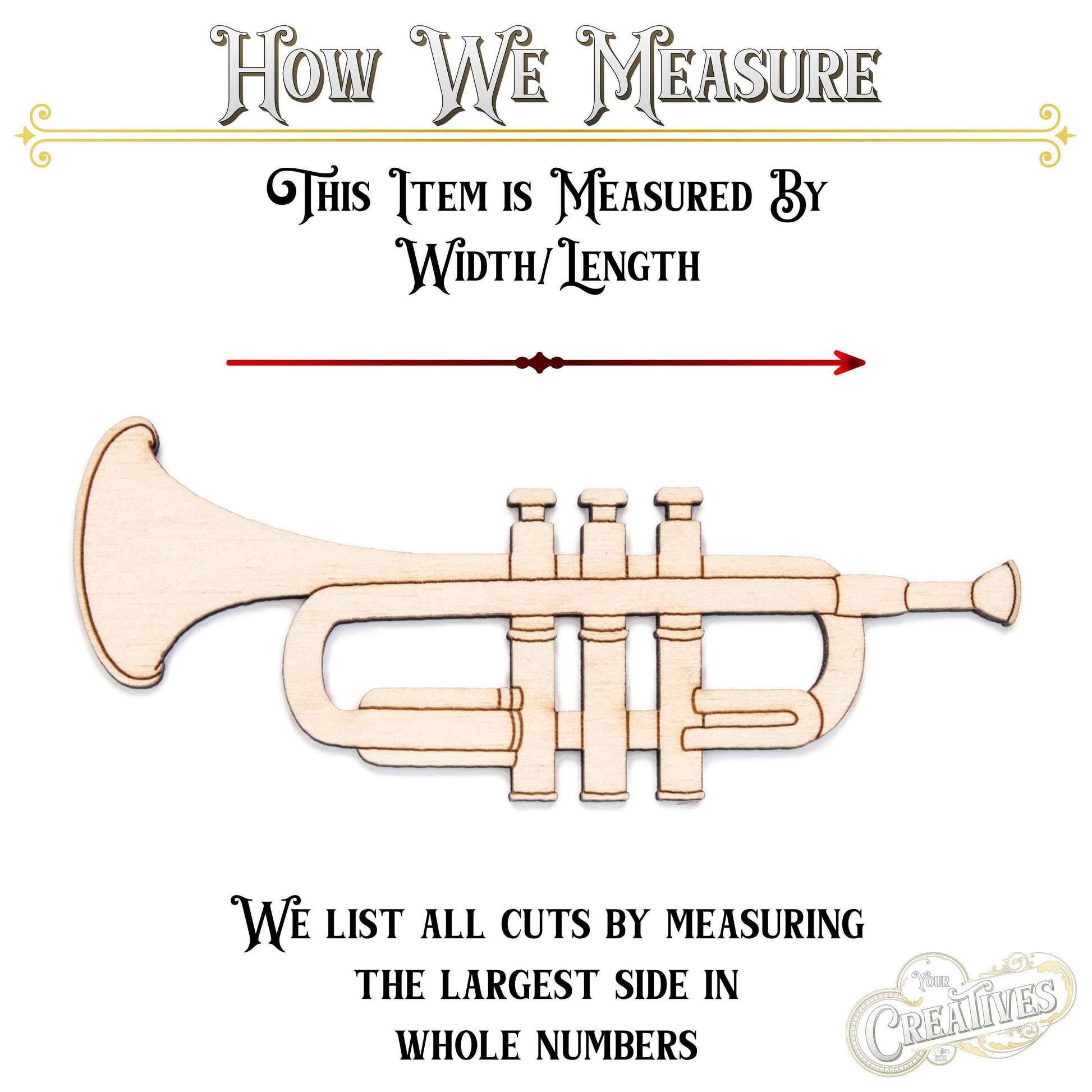 Trumpet Detailed Wood Cutout - Laser Cut Unfinished Craft Shape - Multiple Sizes