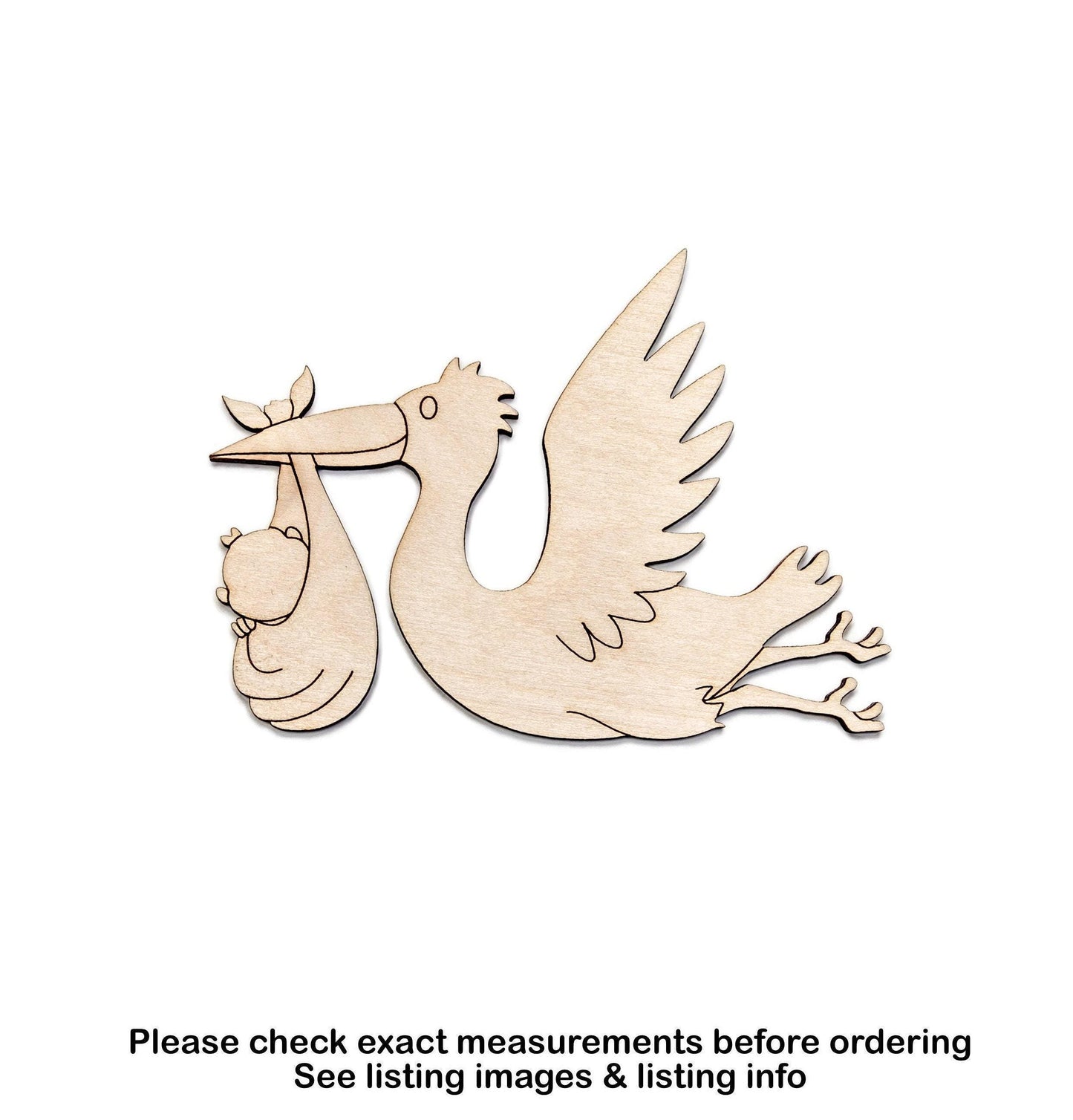 Stork With Baby Flying Wood Cutout - Laser Cut Unfinished Craft Shape - Multiple Sizes