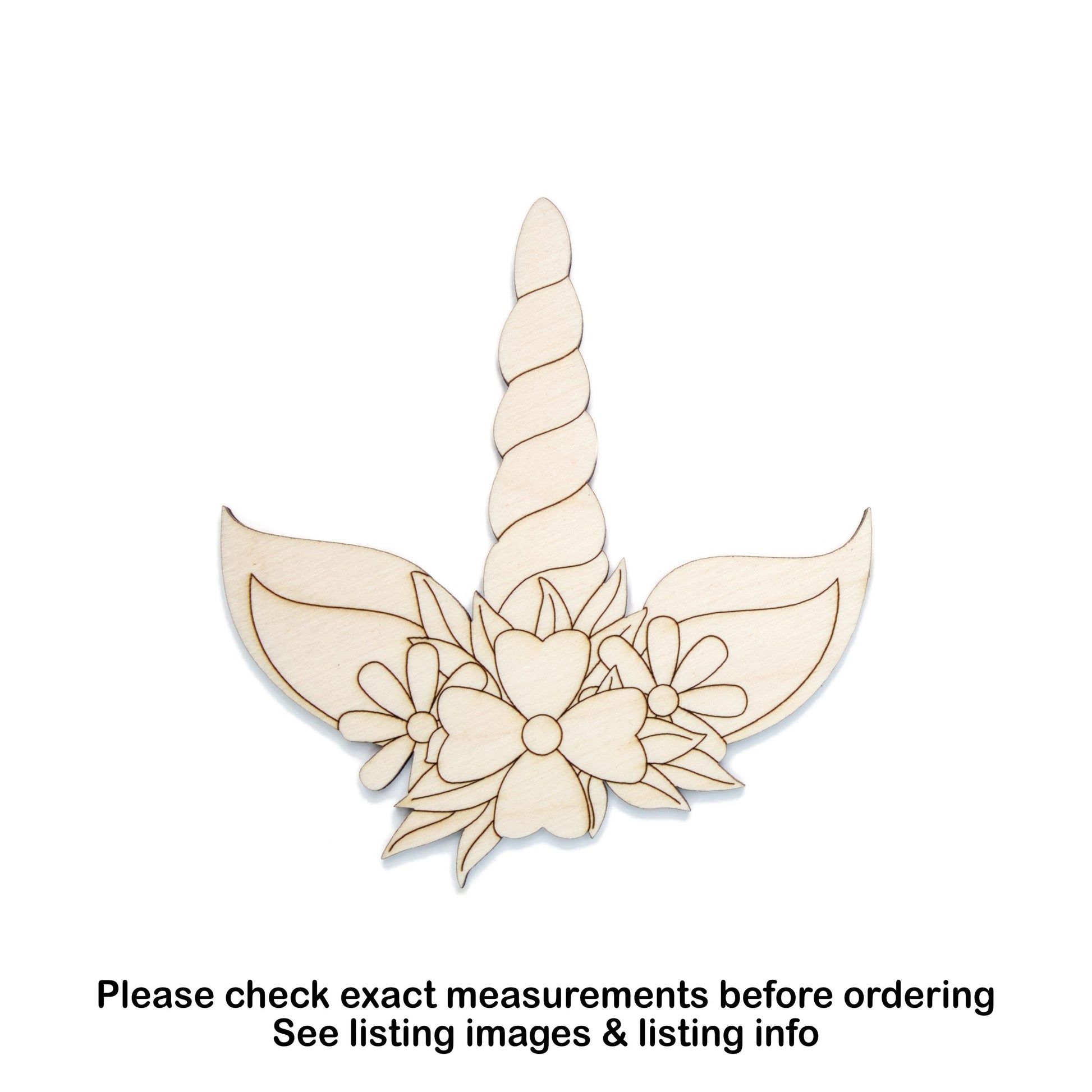 Unicorn Floral Crown Detailed Wood Cutout - Laser Cut Unfinished Craft Shape - Multiple Sizes