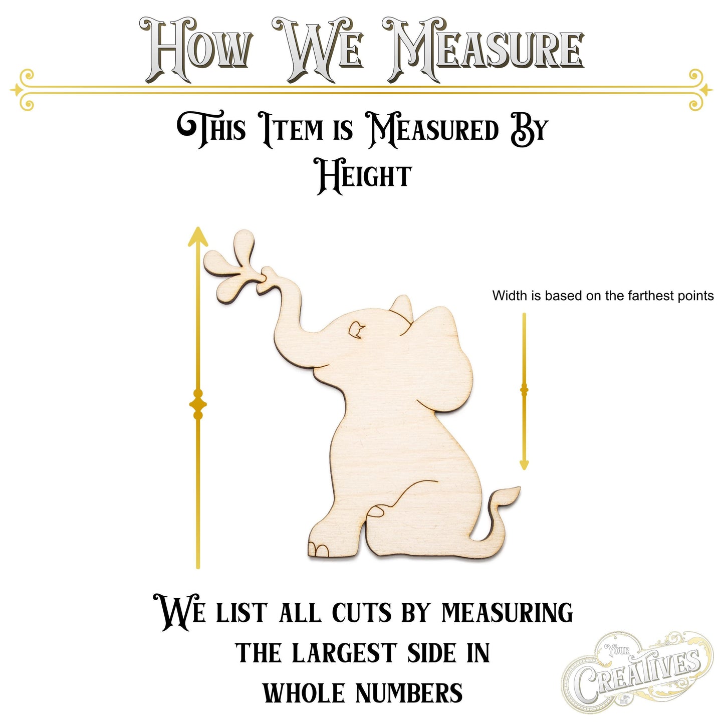 Baby Elephant Spraying Forward Wood Cutout - Laser Cut Unfinished Craft Shape - Multiple Sizes