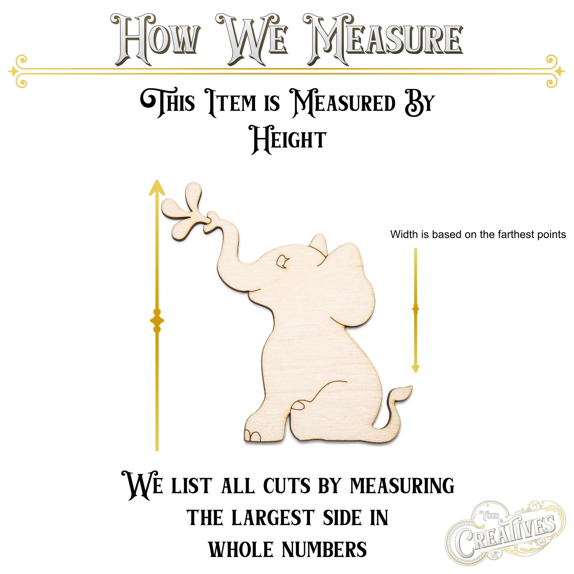 Baby Elephant Spraying Forward Wood Cutout - Laser Cut Unfinished Craft Shape - Multiple Sizes