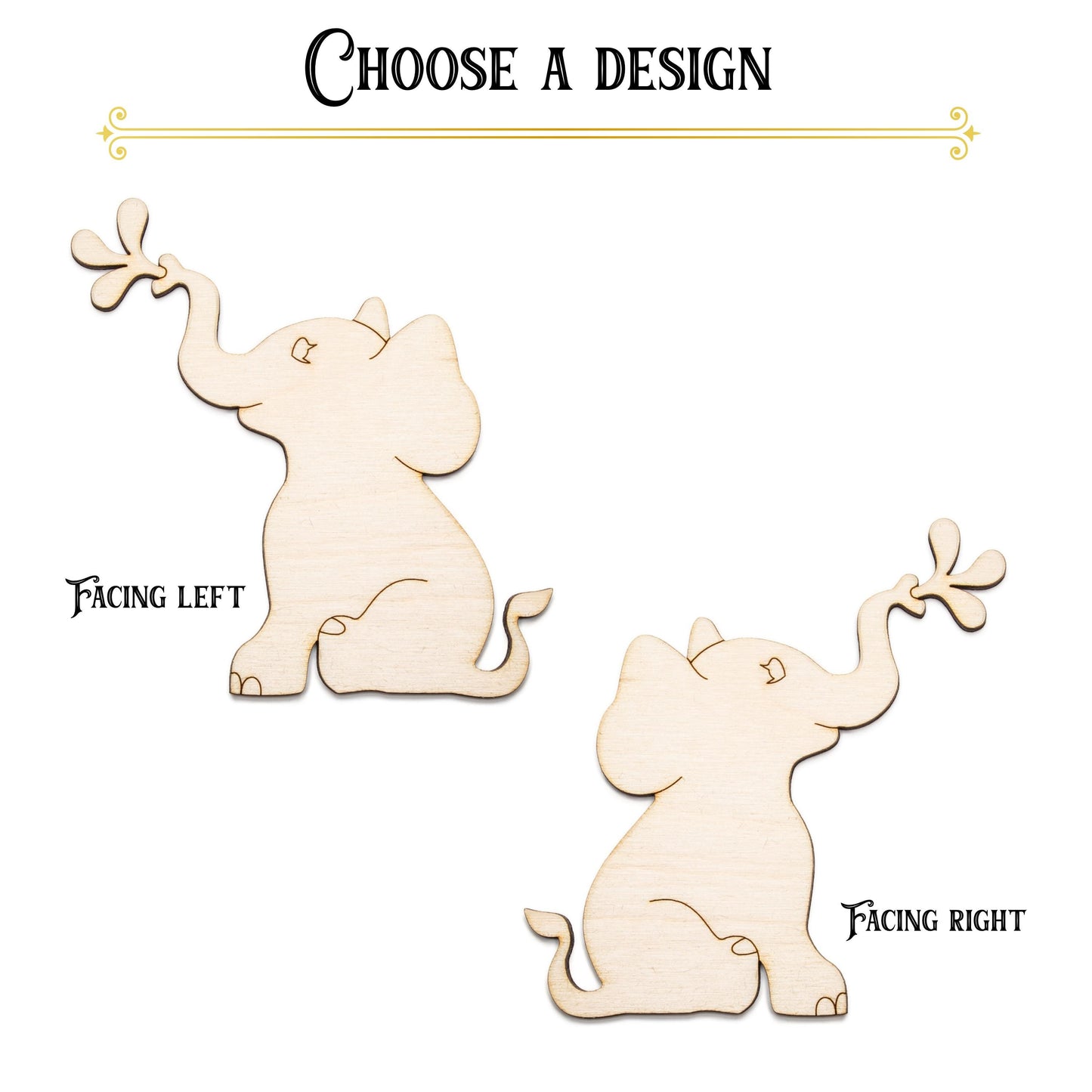 Baby Elephant Spraying Forward Wood Cutout - Laser Cut Unfinished Craft Shape - Multiple Sizes