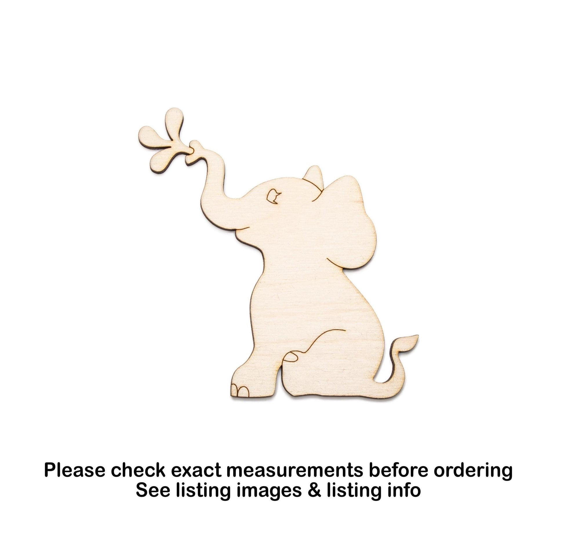 Baby Elephant Spraying Forward Wood Cutout - Laser Cut Unfinished Craft Shape - Multiple Sizes