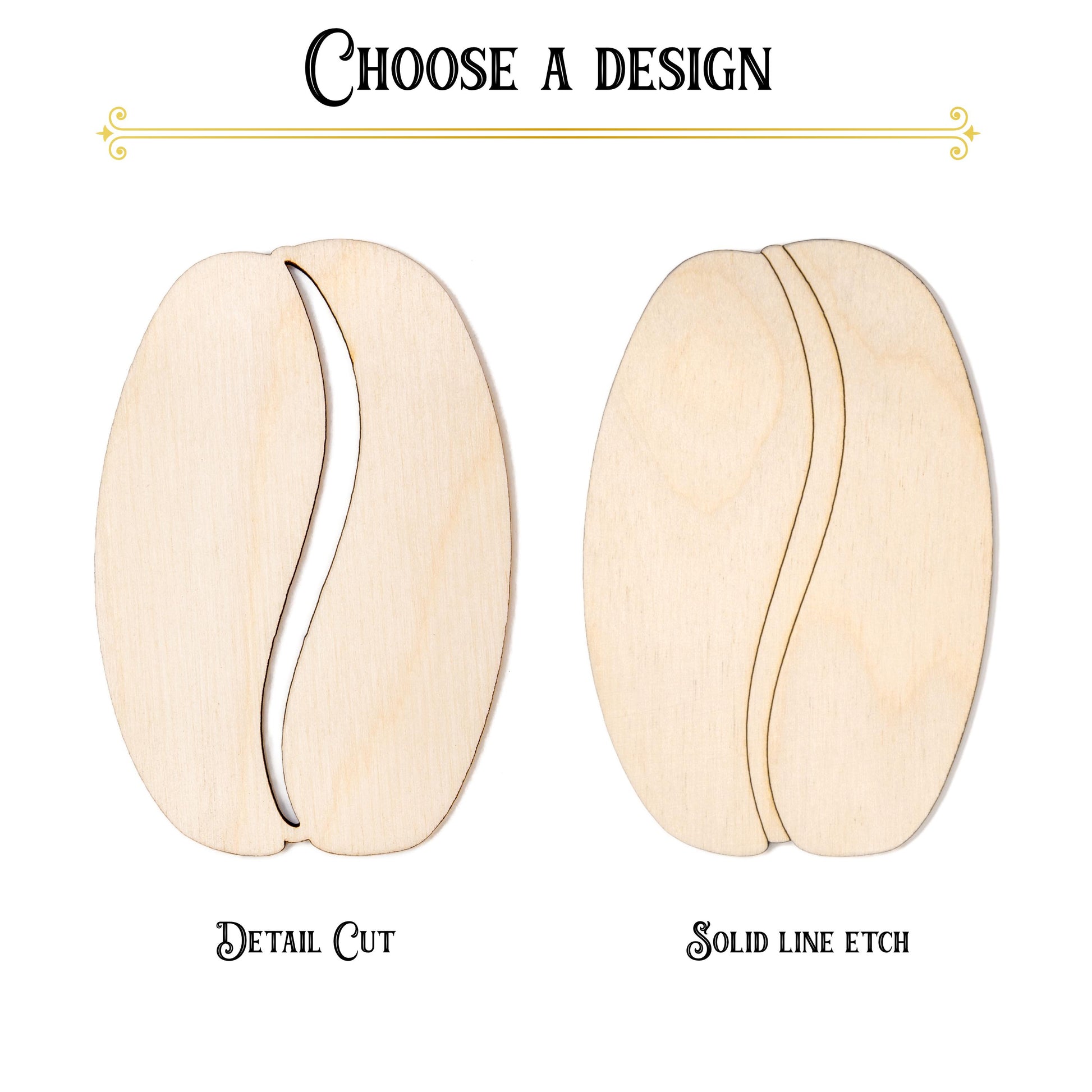 Coffee Bean Detailed Wood Cutout - Laser Cut Unfinished Craft Shape - Multiple Sizes