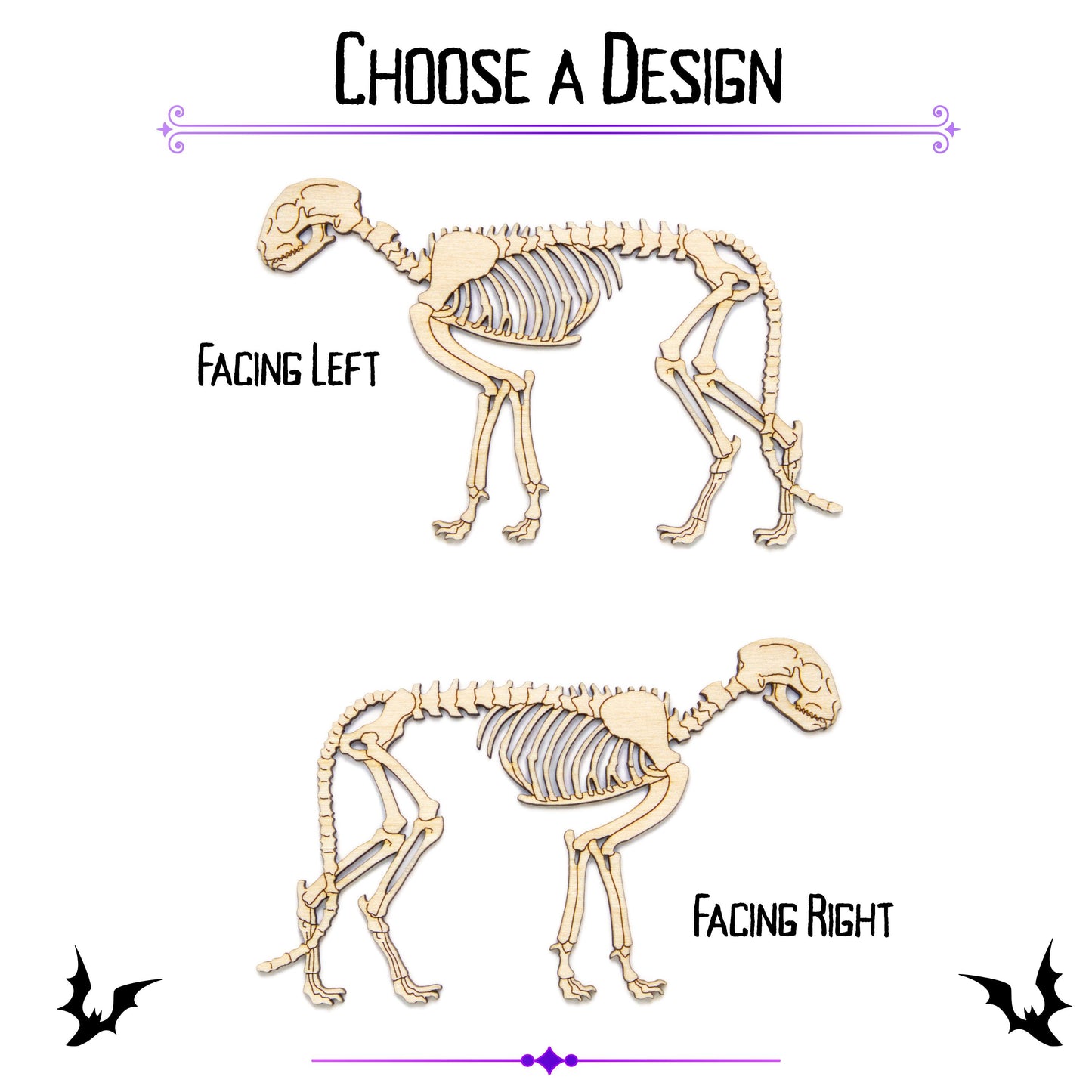 Cat Skeleton Wood Cutout - Laser Cut Unfinished Craft Shape - Multiple Sizes