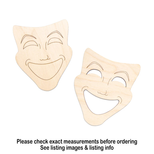 Theater Mask Happy Wood Cutout - Laser Cut Unfinished Craft Shape - Multiple Sizes
