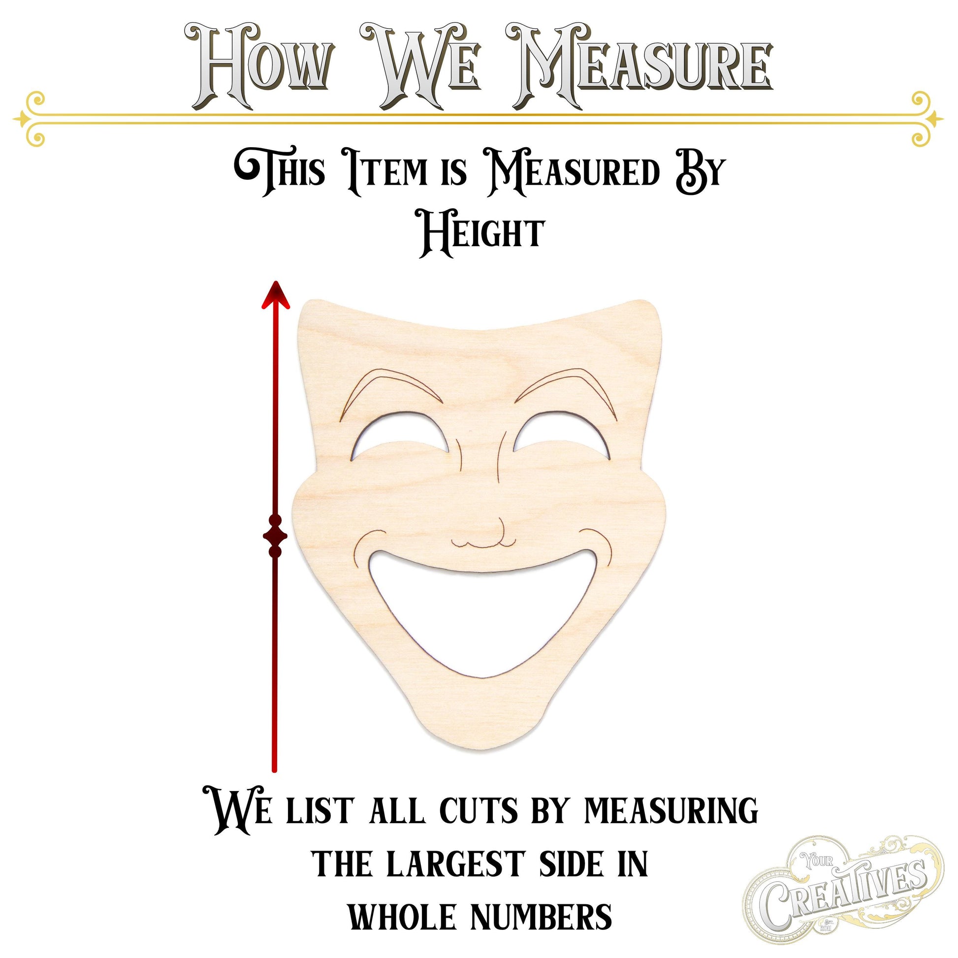 Theater Mask Happy Wood Cutout - Laser Cut Unfinished Craft Shape - Multiple Sizes