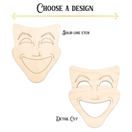 Theater Mask Happy Wood Cutout - Laser Cut Unfinished Craft Shape - Multiple Sizes