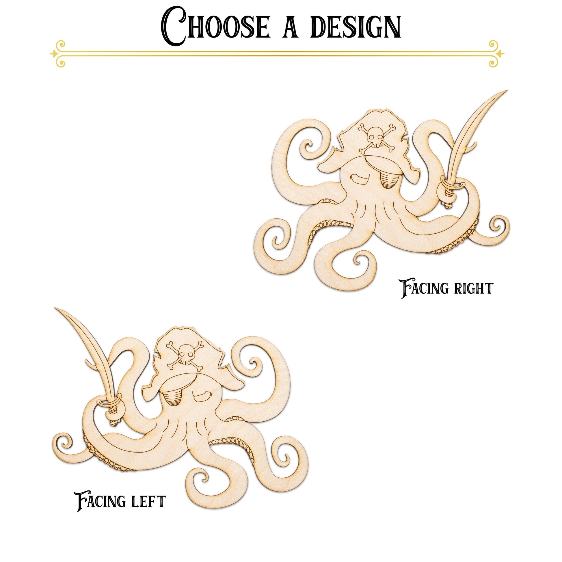 Pirate Octopus Wood Cutout - Laser Cut Unfinished Craft Shape - Multiple Sizes