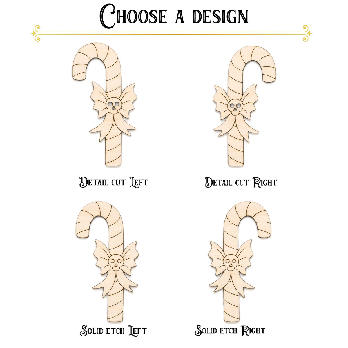 Candy Cane With Skull Bow Wood Cutout - Laser Cut Unfinished Craft Shape - Multiple Sizes