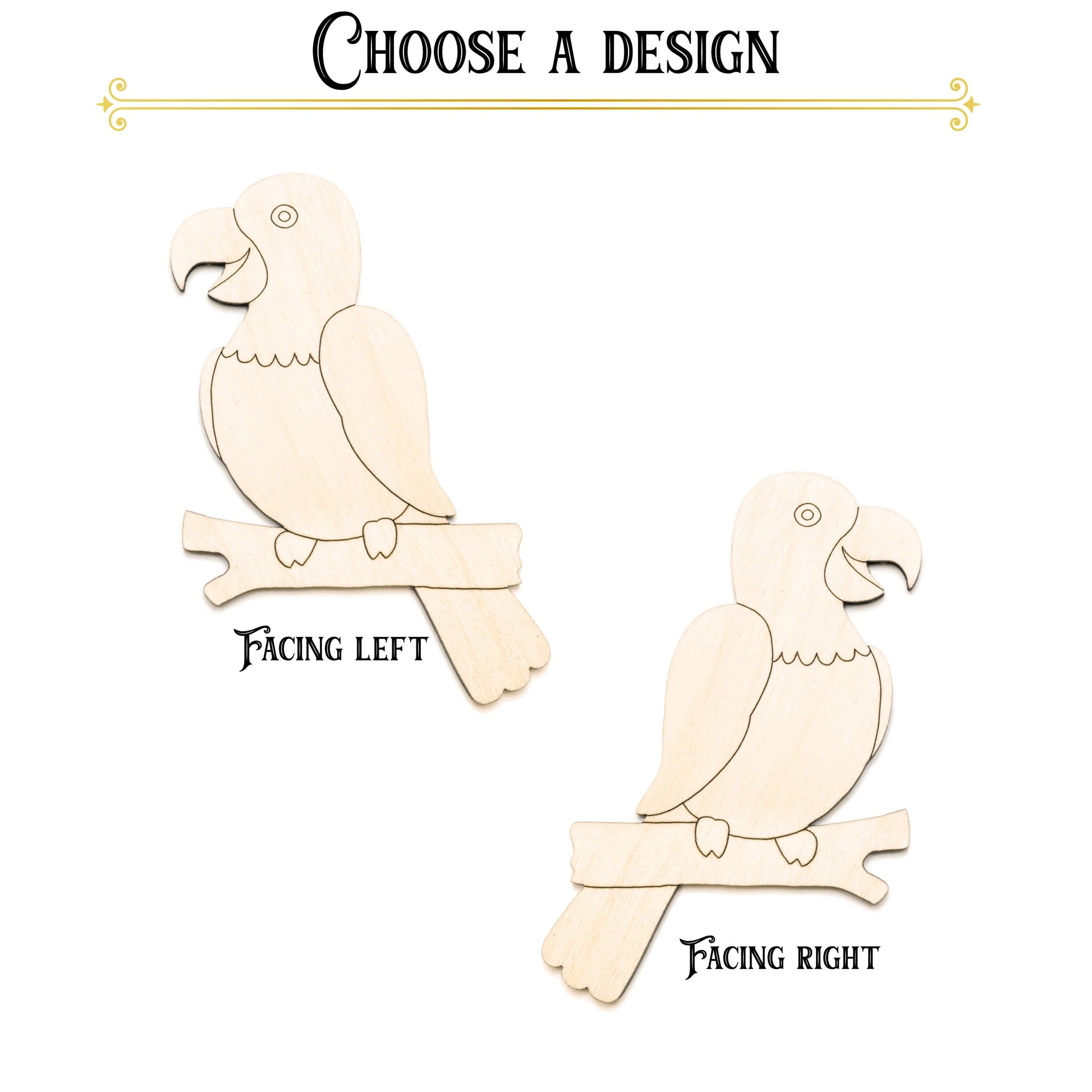 Parrot On Branch Wood Cutout - Laser Cut Unfinished Craft Shape - Multiple Sizes