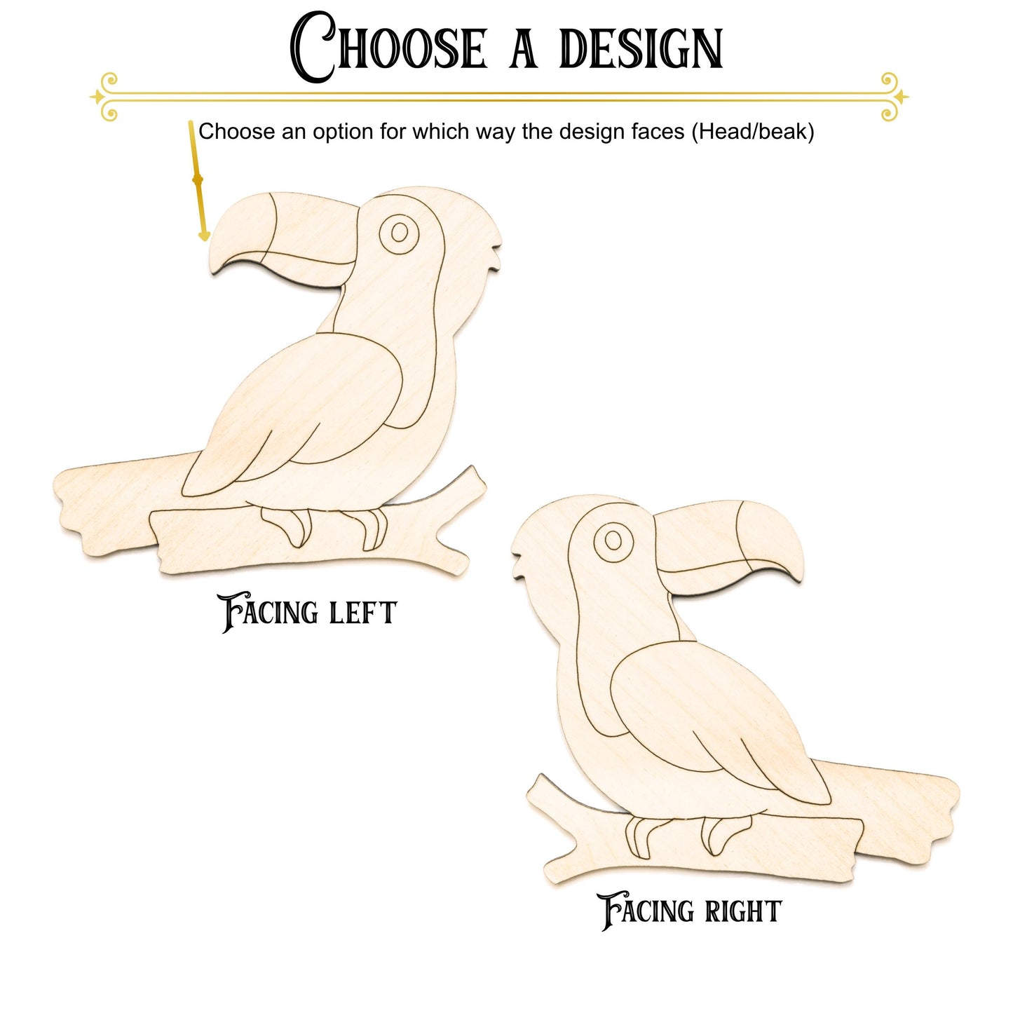 Toucan On Branch Facing Back Wood Cutout - Laser Cut Unfinished Craft Shape - Multiple Sizes
