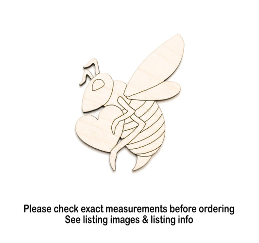 Bee With Heart Wood Cutout - Laser Cut Unfinished Craft Shape - Multiple Sizes