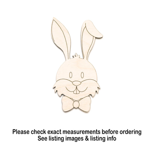 Bunny Head With Bow Wood Cutout - Laser Cut Unfinished Craft Shape - Multiple Sizes