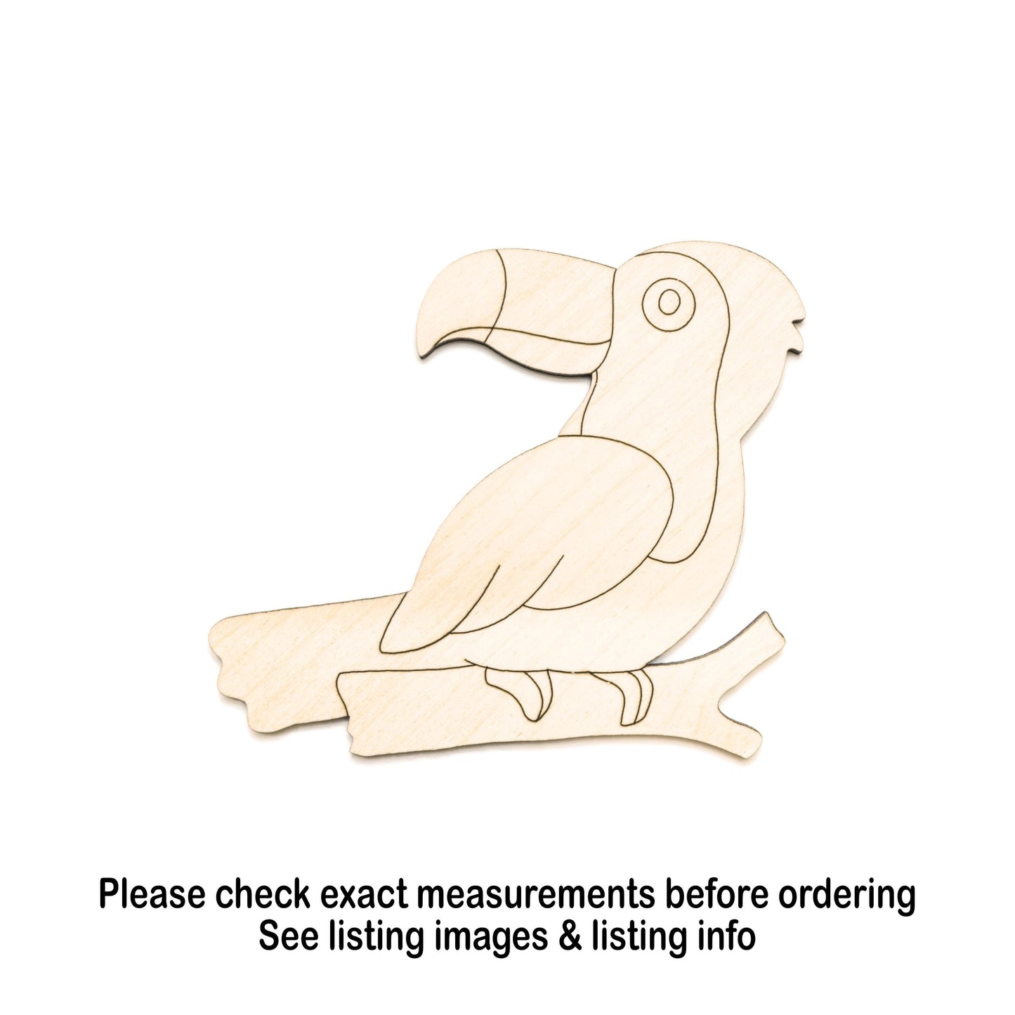 Toucan On Branch Facing Back Wood Cutout - Laser Cut Unfinished Craft Shape - Multiple Sizes