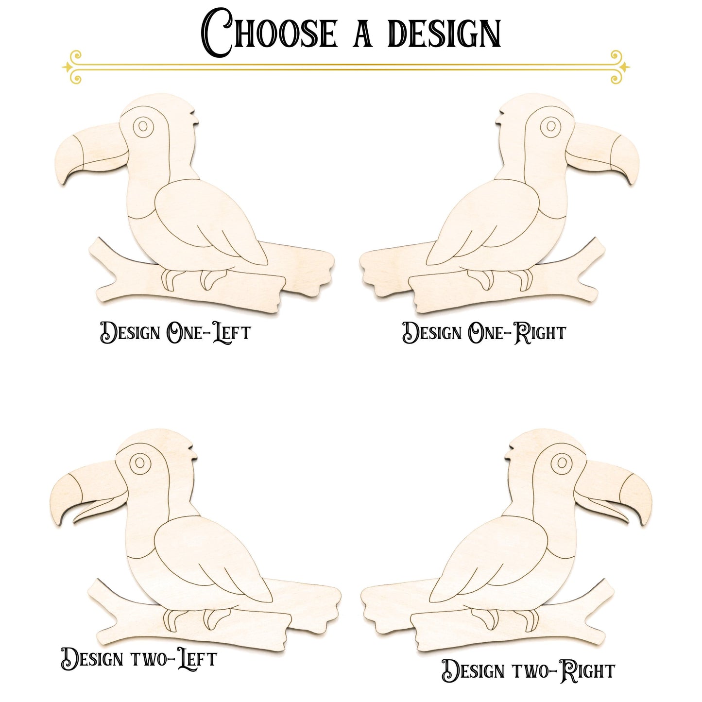 Toucan On Branch Facing Forward Wood Cutout - Laser Cut Unfinished Craft Shape - Multiple Sizes