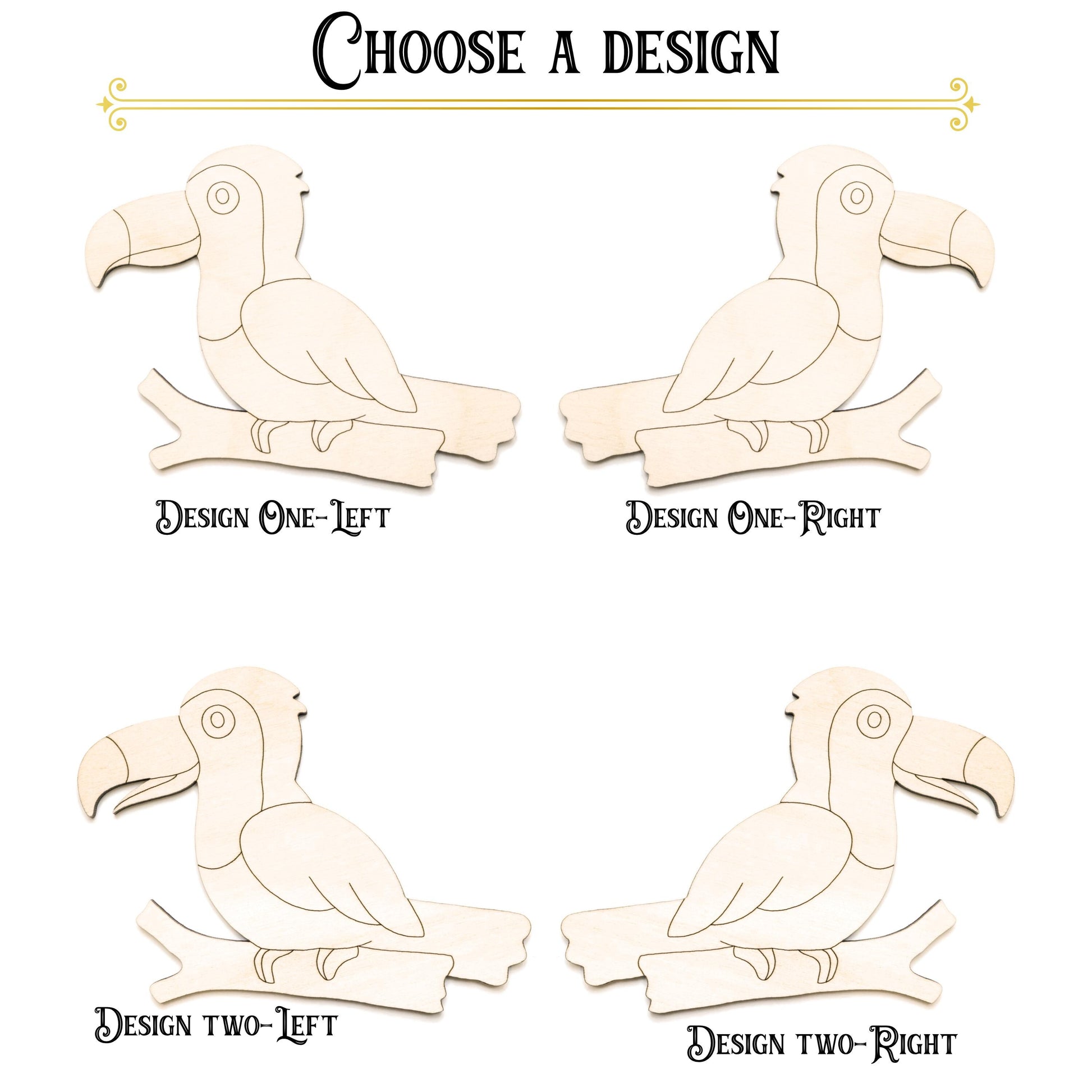 Toucan On Branch Facing Forward Wood Cutout - Laser Cut Unfinished Craft Shape - Multiple Sizes