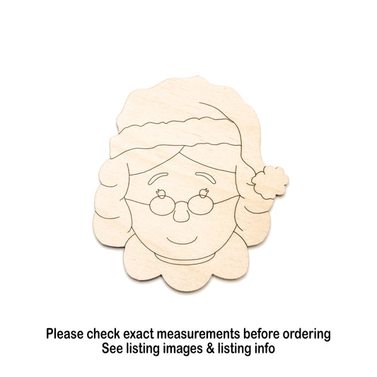 Mrs. Claus With Santa Hat Wood Cutout - Laser Cut Unfinished Craft Shape - Multiple Sizes