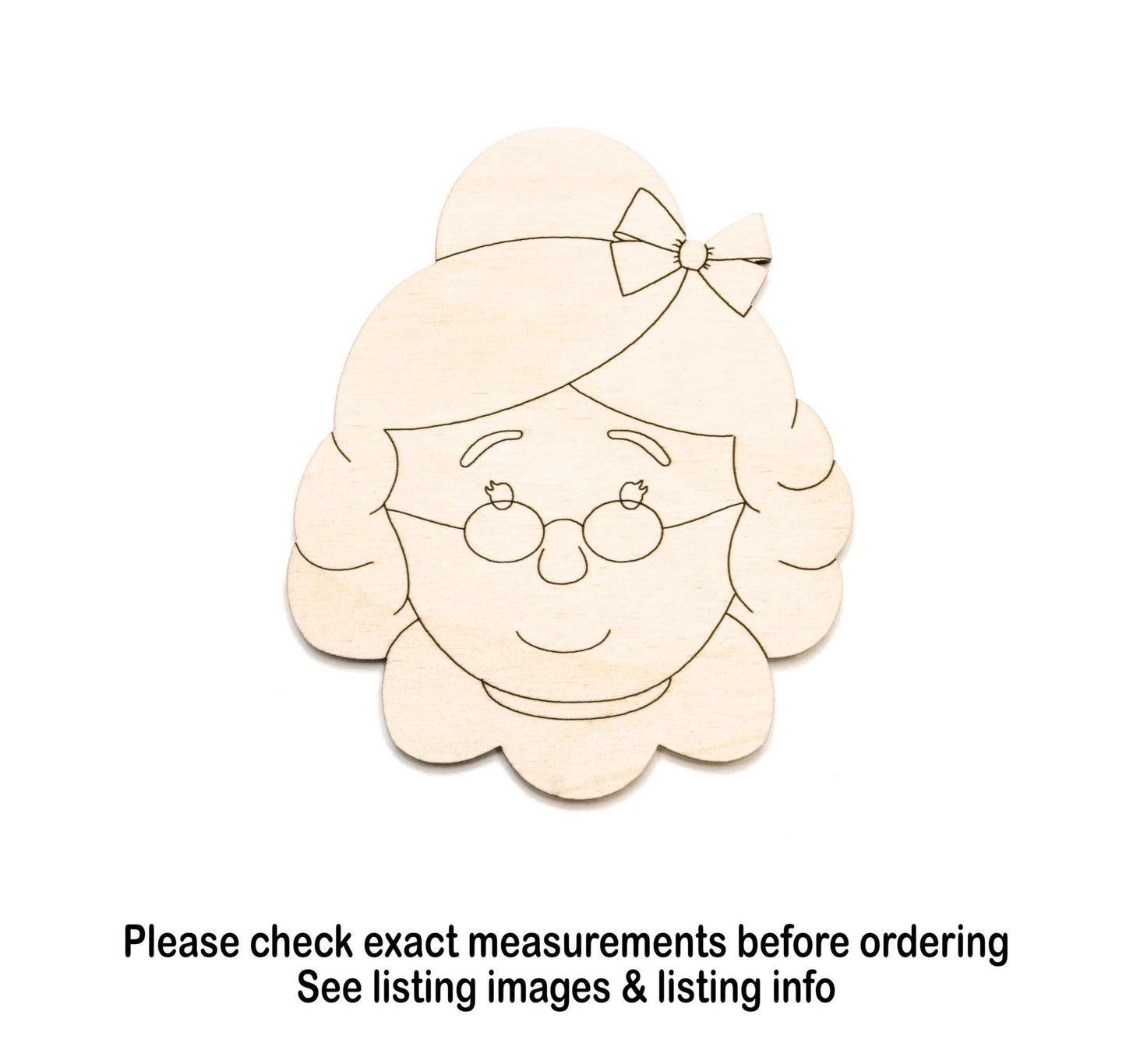 Mrs. Claus With Bow Wood Cutout - Laser Cut Unfinished Craft Shape - Multiple Sizes