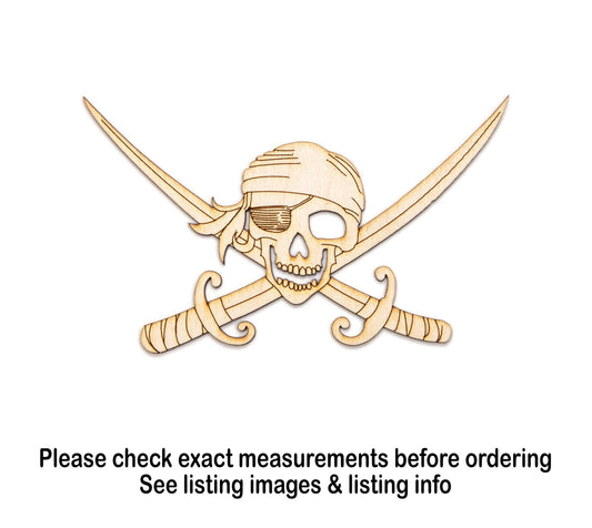 Pirate Skull & Cross Swords Wood Cutout - Laser Cut Unfinished Craft Shape - Multiple Sizes