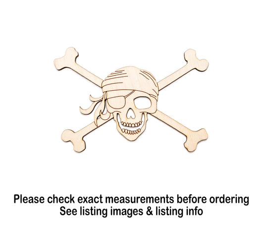 Pirate Skull Cross Bones Wood Cutout - Laser Cut Unfinished Craft Shape - Multiple Sizes
