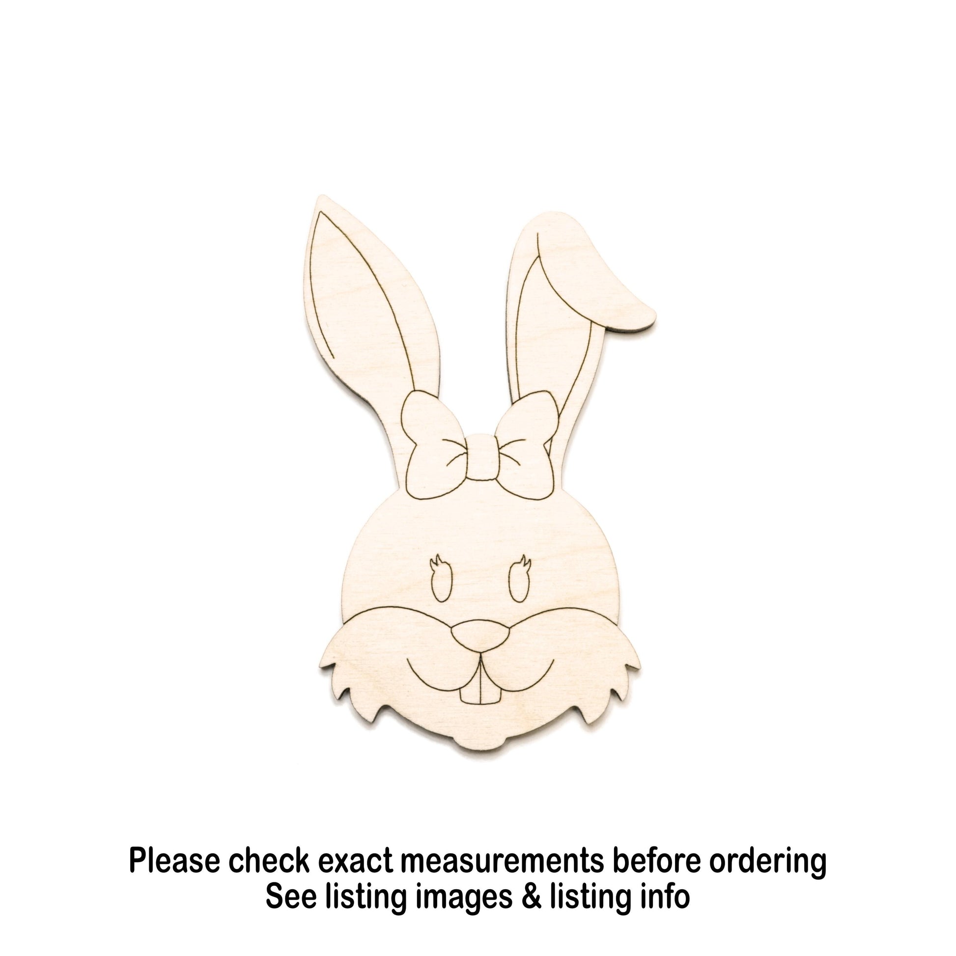 Girl Bunny Head With Bow Wood Cutout - Laser Cut Unfinished Craft Shape - Multiple Sizes