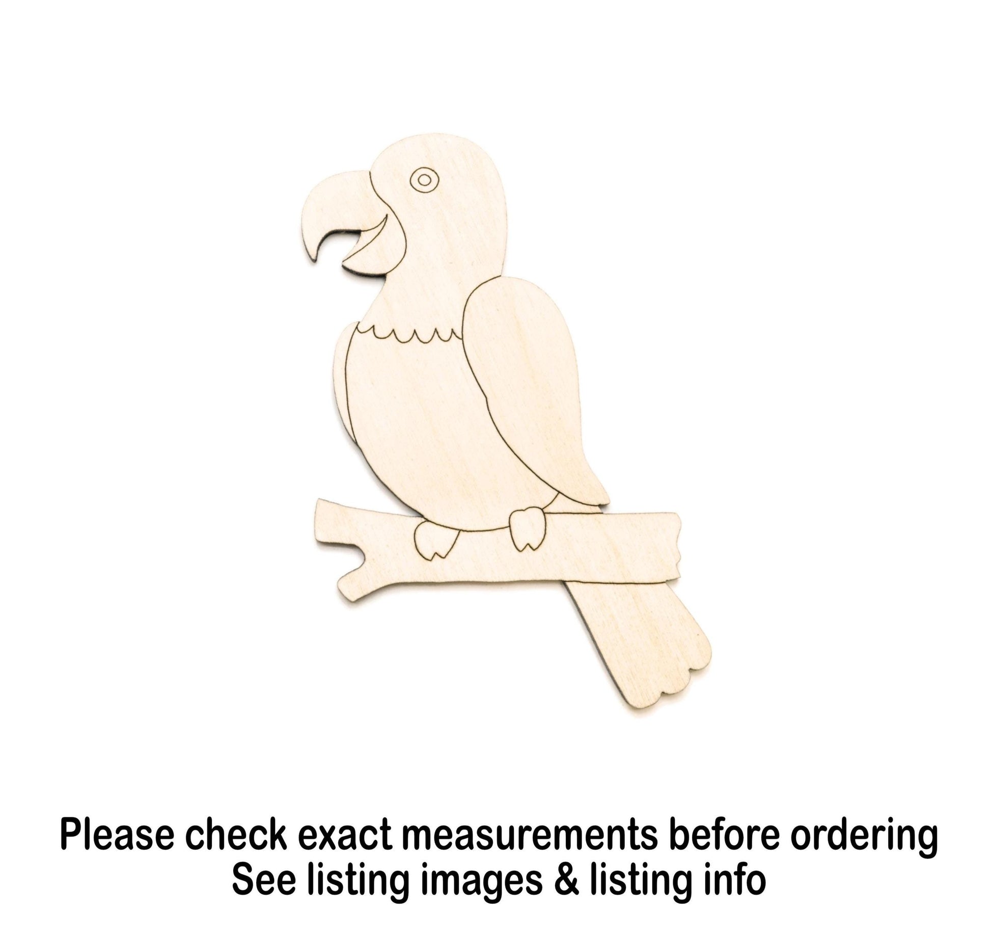 Parrot On Branch Wood Cutout - Laser Cut Unfinished Craft Shape - Multiple Sizes