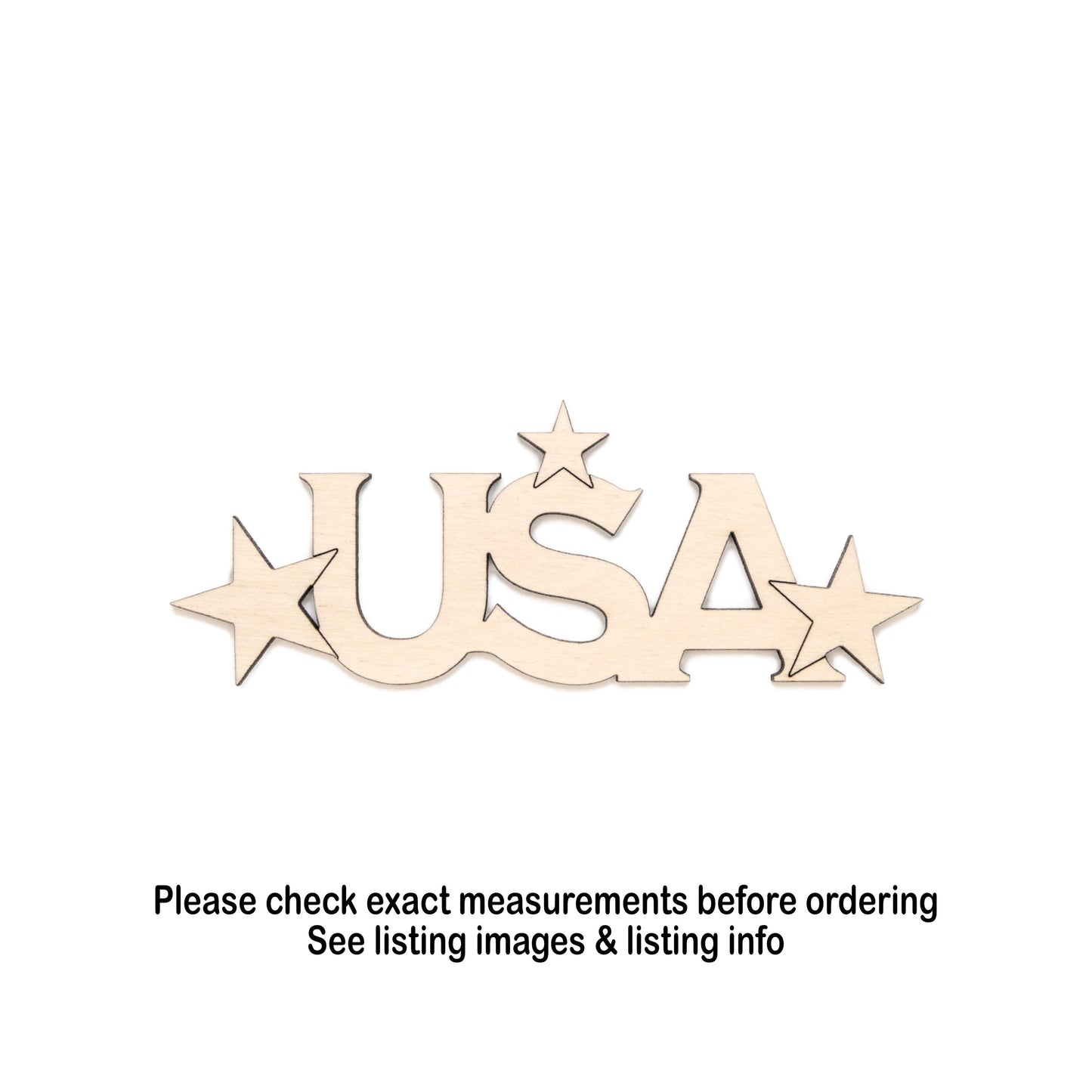USA Stars Word Wood Cutout - Laser Cut Unfinished Craft Shape - Multiple Sizes