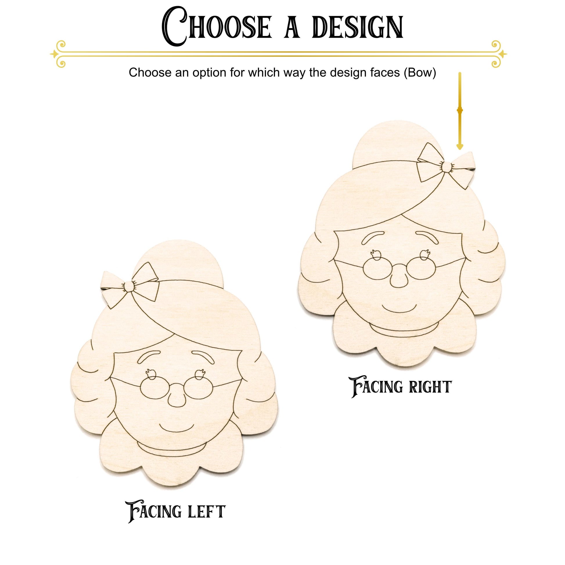 Mrs. Claus With Bow Wood Cutout - Laser Cut Unfinished Craft Shape - Multiple Sizes