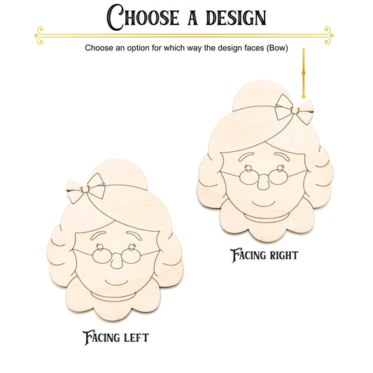 Mrs. Claus With Bow Wood Cutout - Laser Cut Unfinished Craft Shape - Multiple Sizes